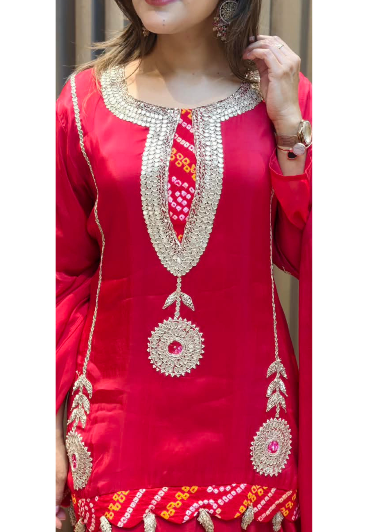 Bandhej Highlights Elegant Gotta Detailing Crepe Full Suit Set With Flared Skirt Bottom & Dupatta- 15852