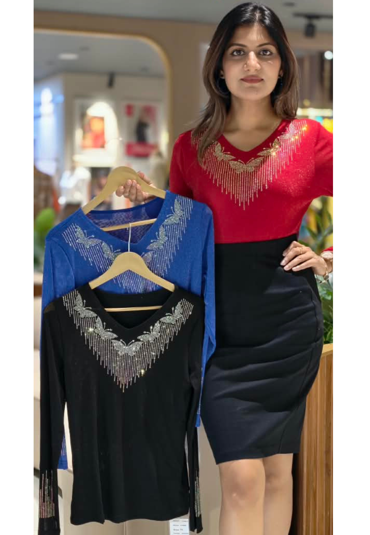 Flying Butterfly Rhinestone Fringe V-Neck Shimmer Top- 16198