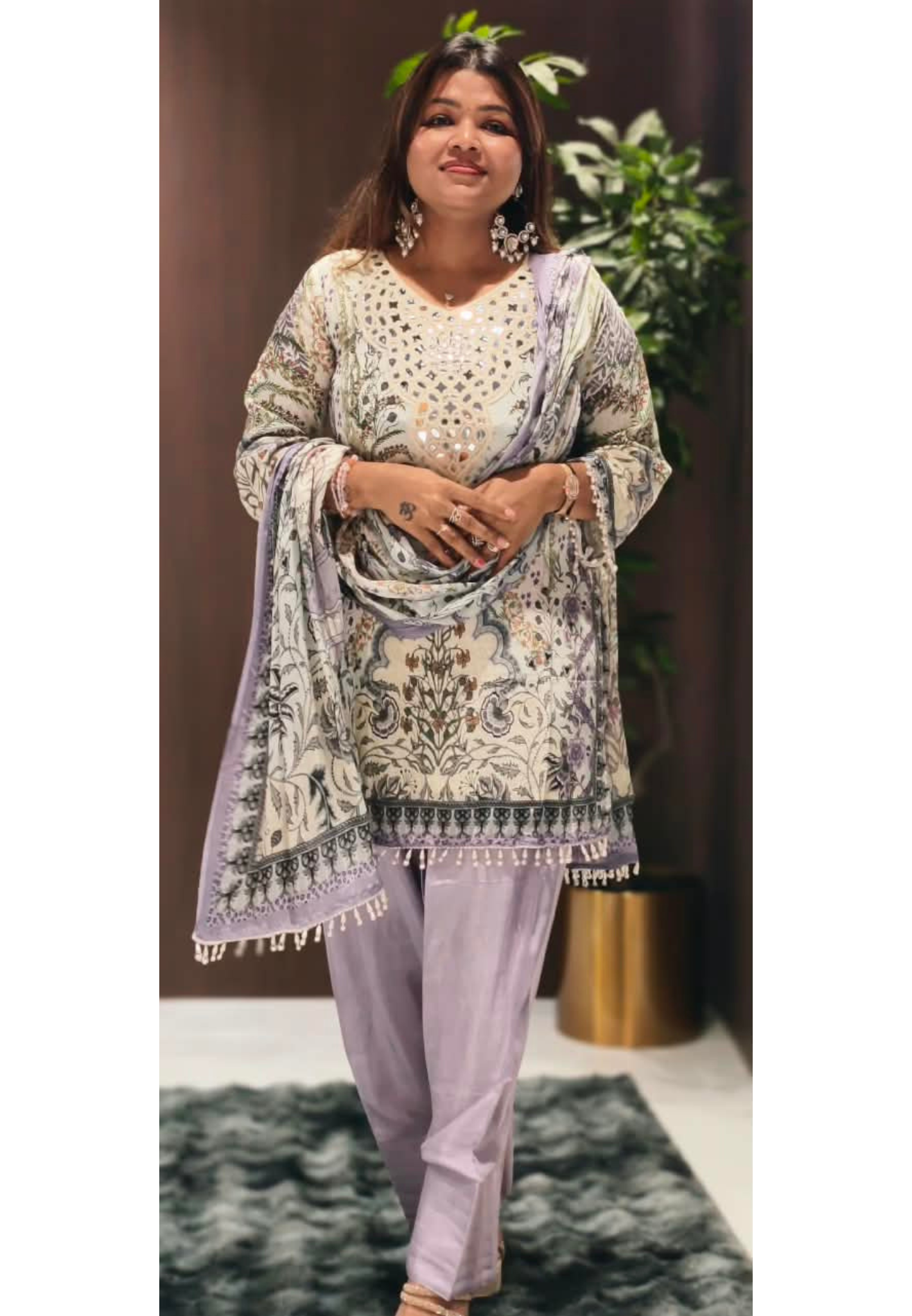 Real Mirror Elegance Flowy Crepe Digital Floral Prints Farshi Salwar Full Suit Set With Chiffon Dupatta- 16285