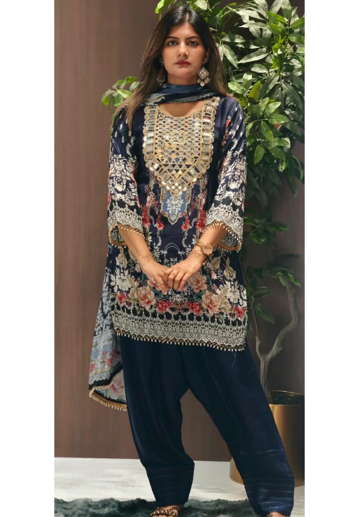 Royal Color Tone Real Mirror Yoke Digital Floral Prints Farshi Salwar Crepe Full Suit Set With Dupatta- 16283