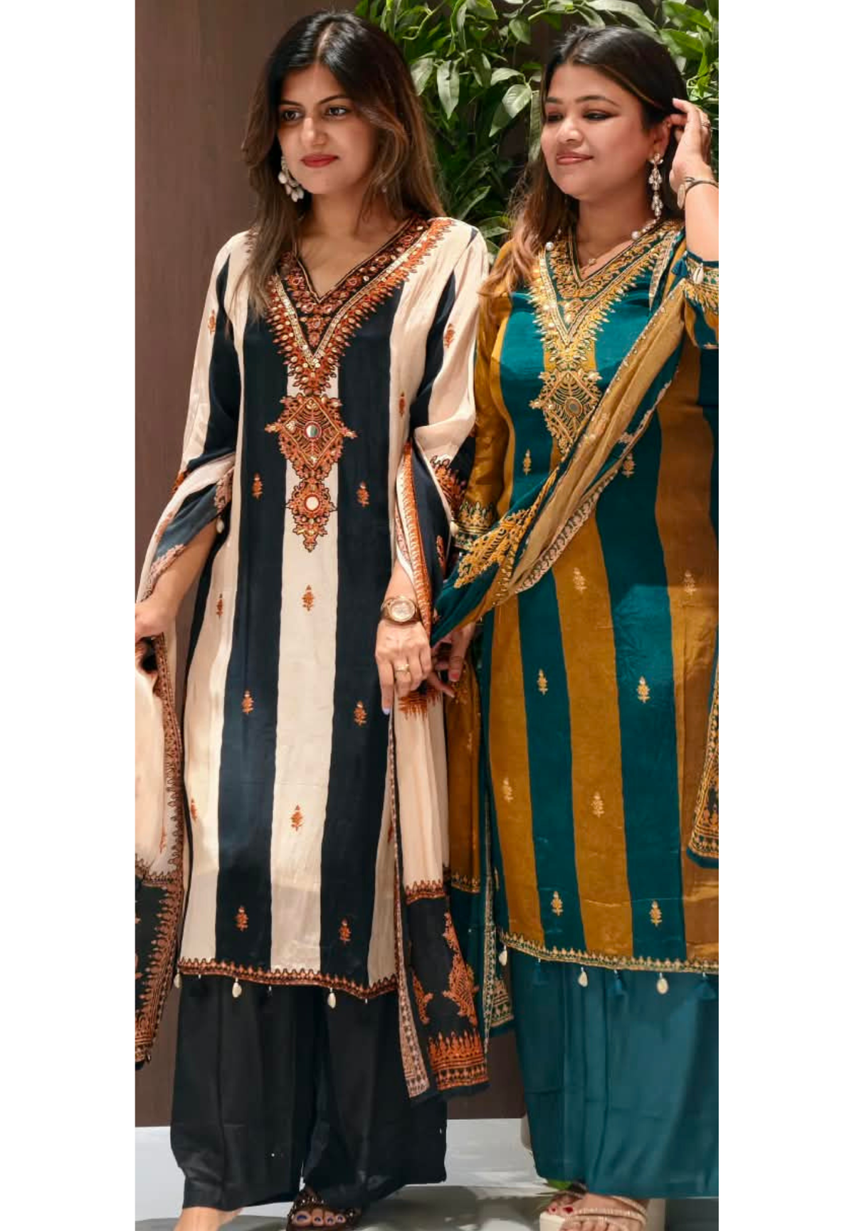 Pakistani Style Striped Elegance Dual Color Combination Crepe Full Suit Set With Dupatta- 16272