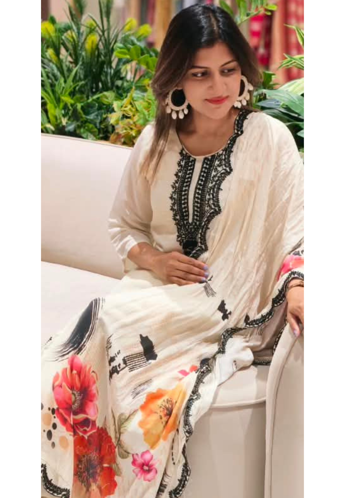 Fine Cut-Dana Embroidered Solid Full Suit Set With Digital Floral Prints Dupatta In Muslin Fabric- 16221