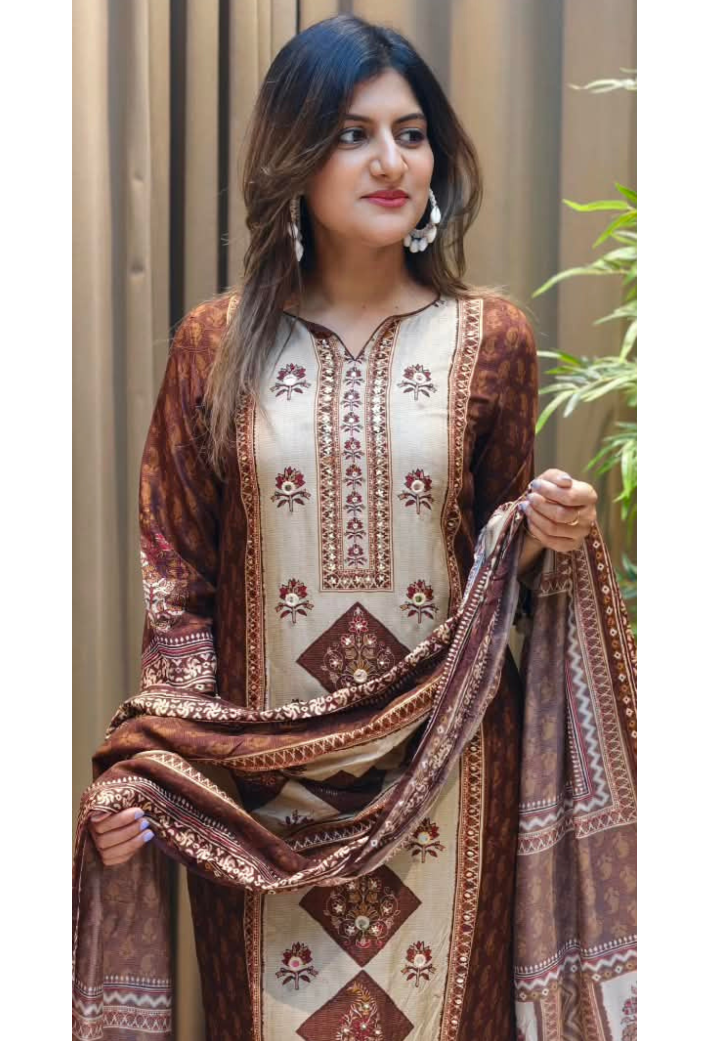 Bold Color Palette Pakistani Look Full Length Russian Silk Tassel Accent Full Suit Set With Dupatta- 16251