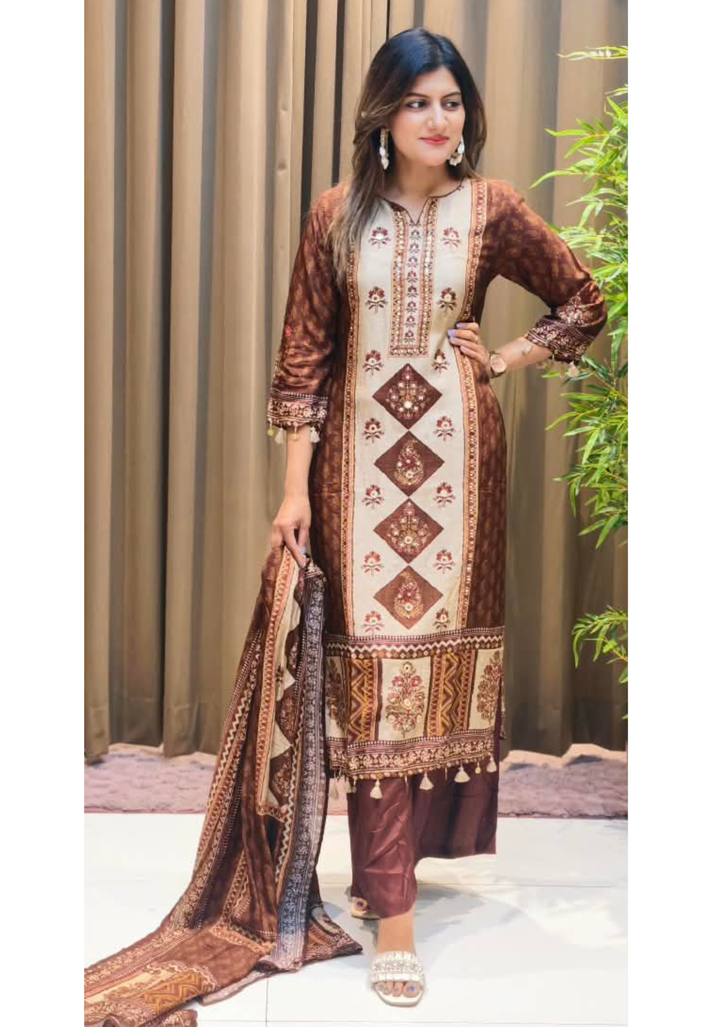 Bold Color Palette Pakistani Look Full Length Russian Silk Tassel Accent Full Suit Set With Dupatta- 16251