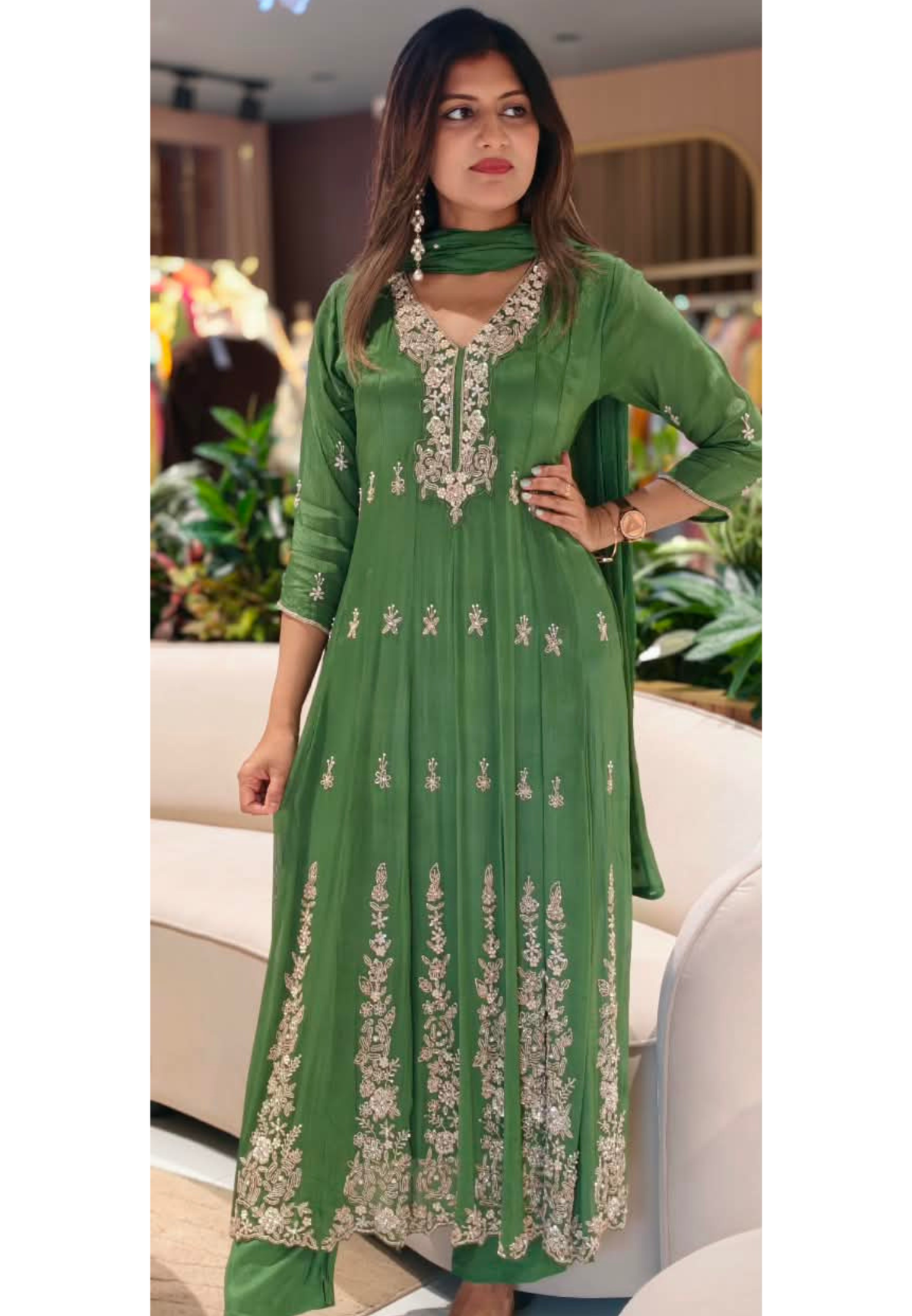 Graceful Green Elegant Embroidery Heavy Panels Chinon Anarkali Full Suit Set With Dupatta- 16325