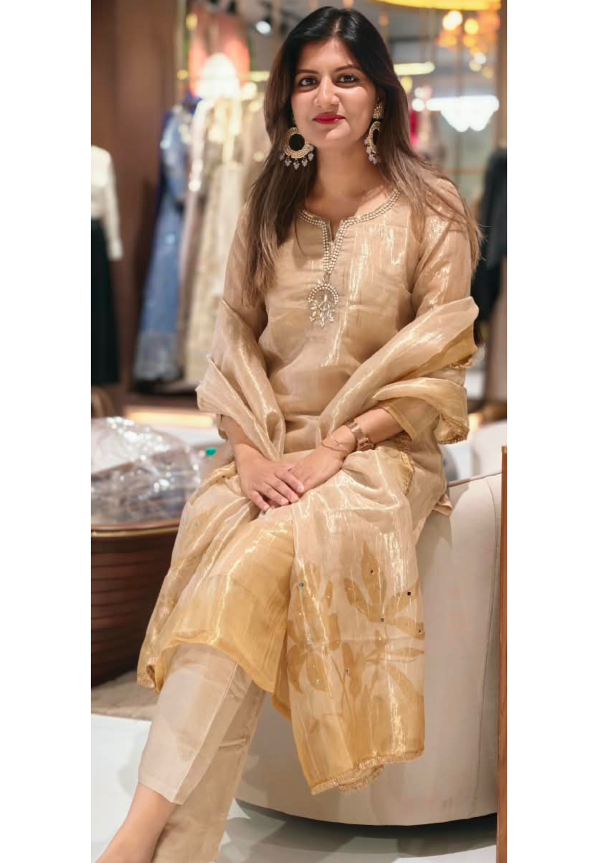 Kundan Look Embroidery Neckline Minimal Ombre Tone Tissue Full Suit Set With Dupatta- 16310