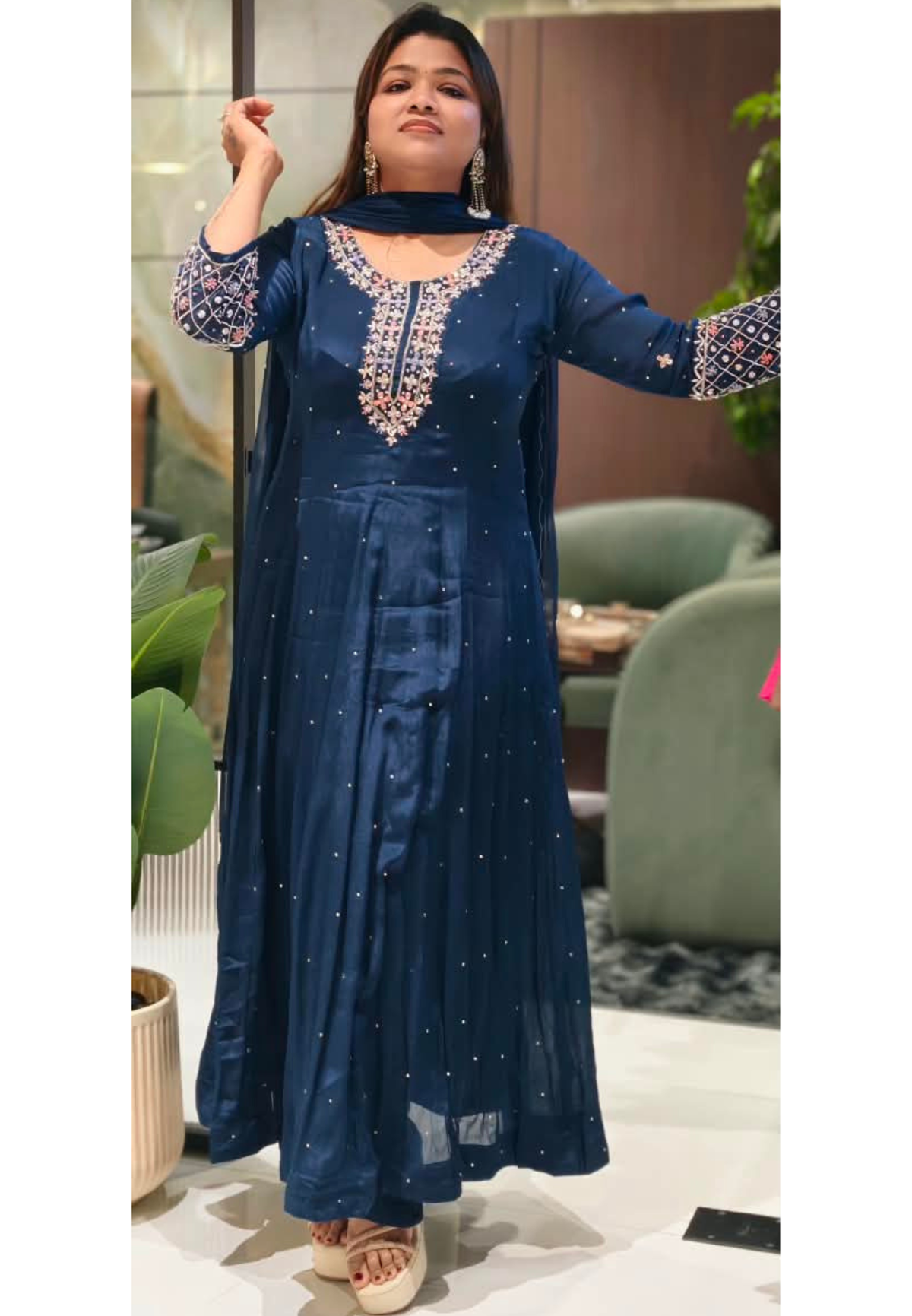 Royal Vibrant Shade Intricate Embroidered Neckline Scattered Stone Chinon Panel Anarkali Full Suit Set With Dupatta- 16328