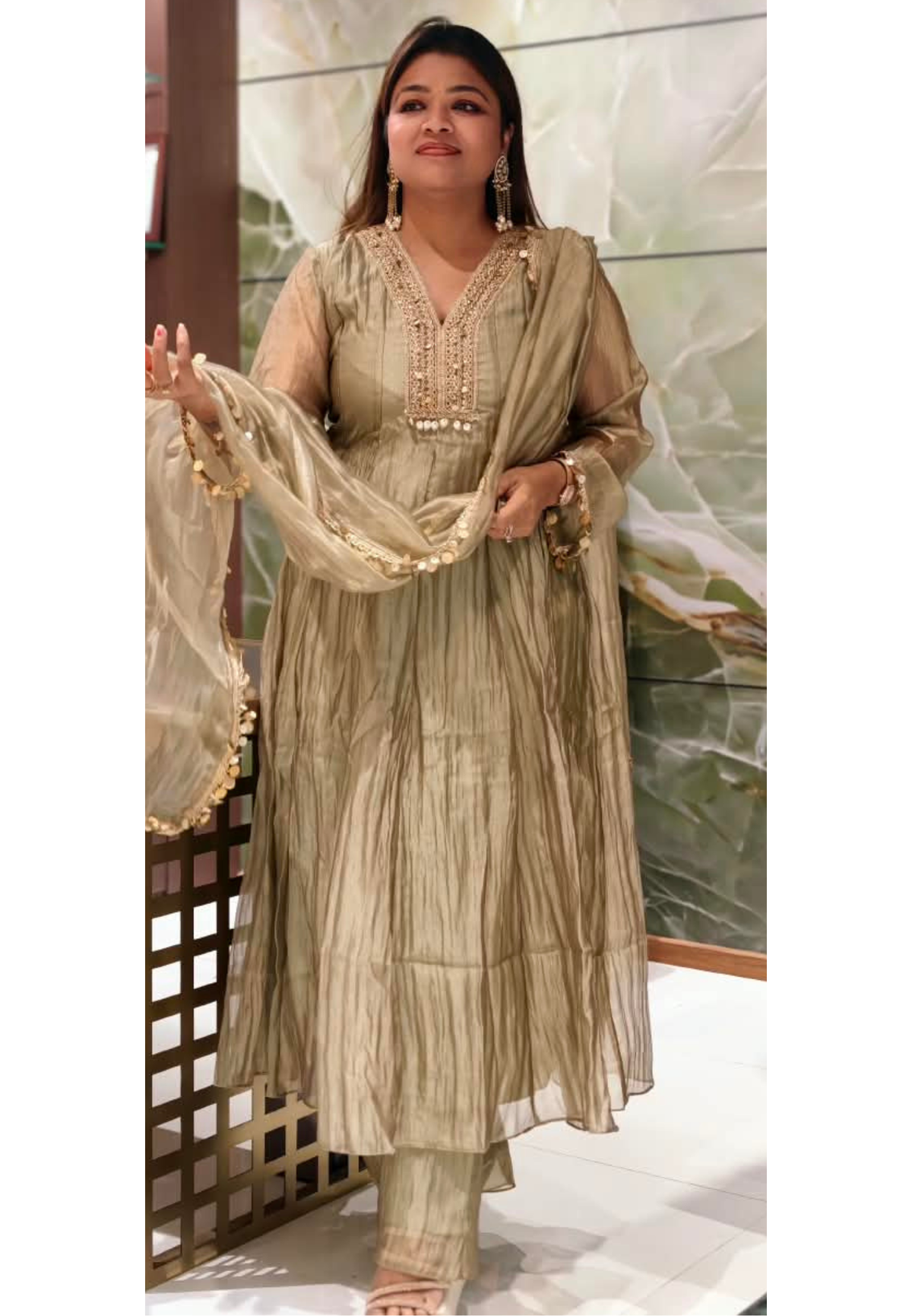 Premium Beaded Embroidery Neckline With Foil Coin Tassels Crush Tissue Panel Anarkali Full Suit Set With Dupatta- 16304