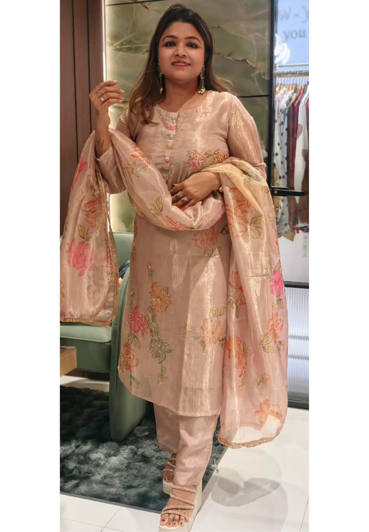Multicolor Floral Prints With Delicate Outlined Embroidery Kanchipuram Tissue Full Suit Set With Dupatta- 16299
