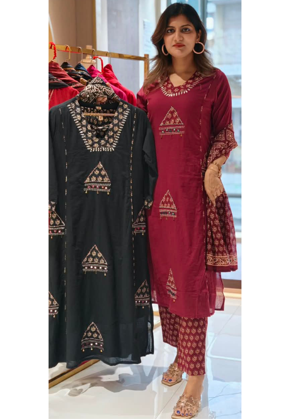 Geometric Patch Yoke Mirror Work  Side Panels Cotton Full Suit Set with Block Printed Dupatta- 16318