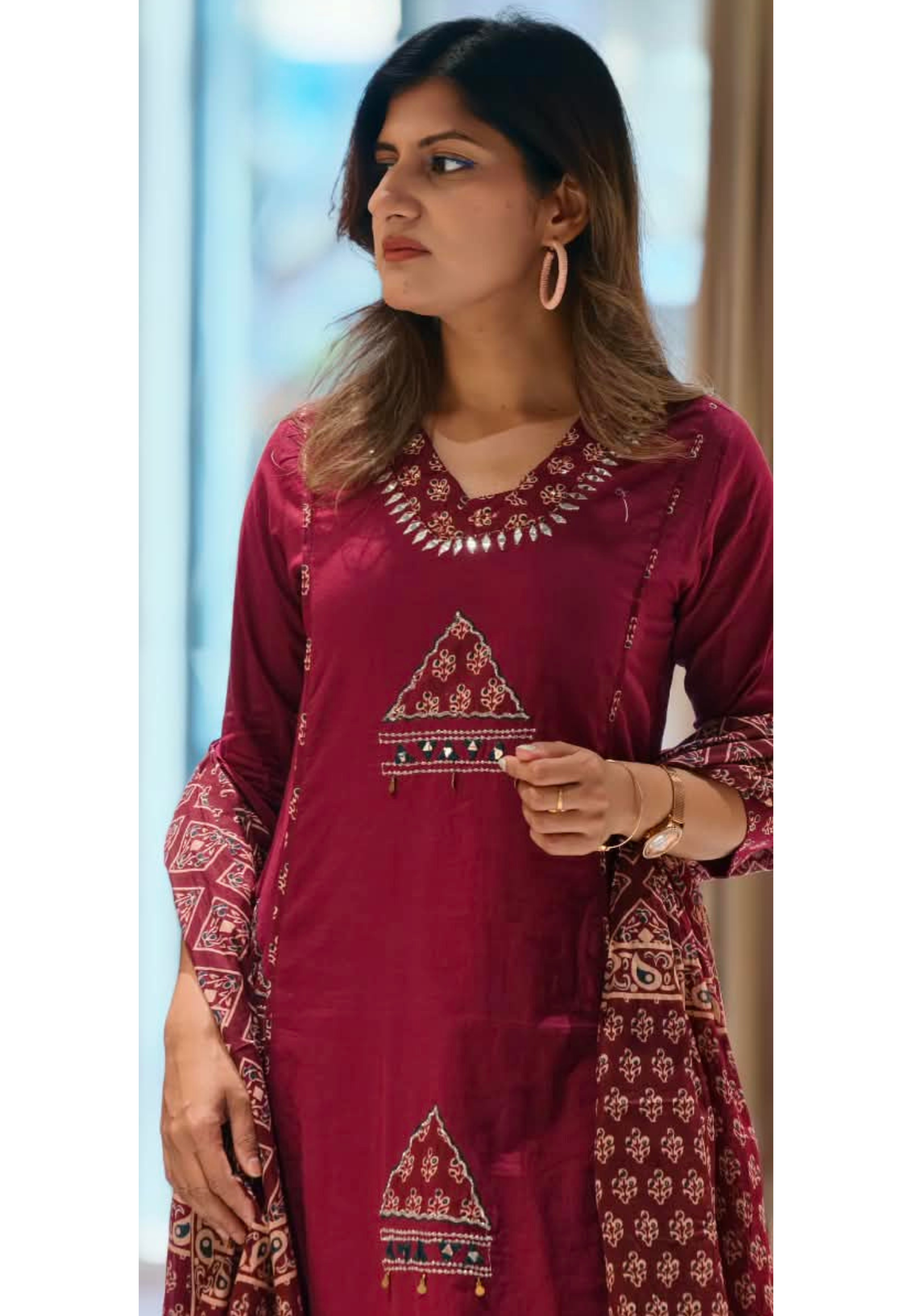 Geometric Patch Yoke Mirror Work  Side Panels Cotton Full Suit Set with Block Printed Dupatta- 16318