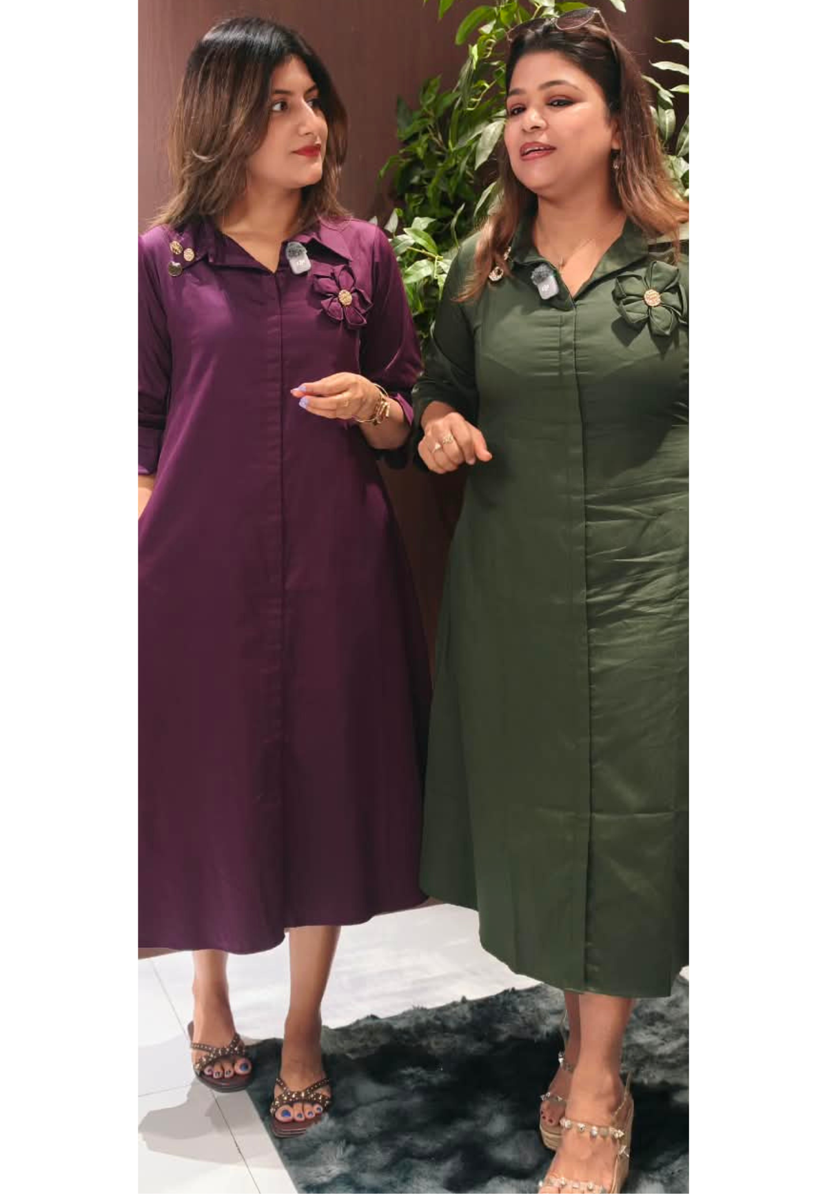 Elegant Botanical Popped Floral Detailing Imported Fabric Premium Midi Dress- 16229, 16230