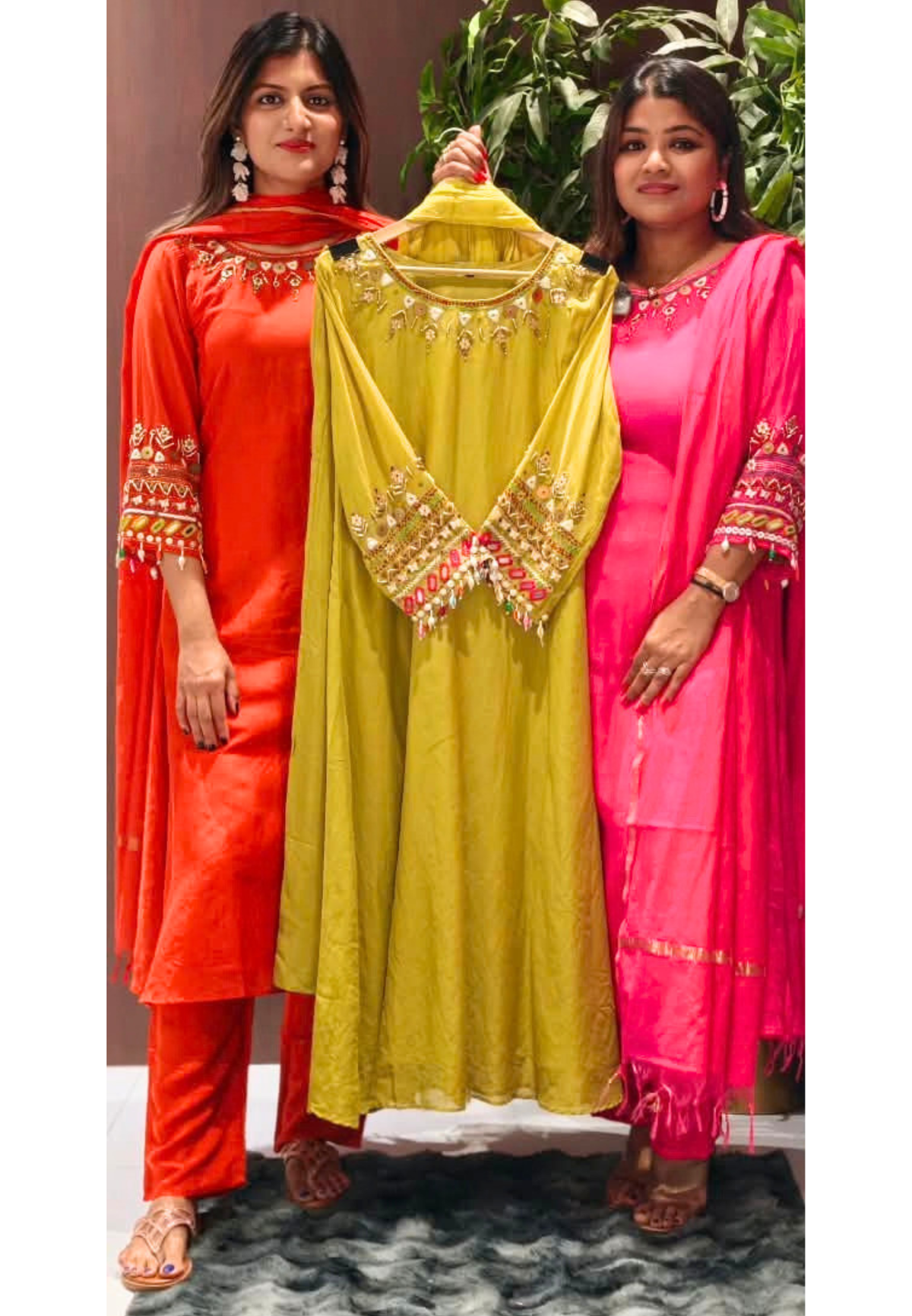Cowrie Shell Beadwork Dangles Accent Neckline & Sleeves Banarasi Mul-Chanderi A-Line Full Suit Set With Dupatta- 16354