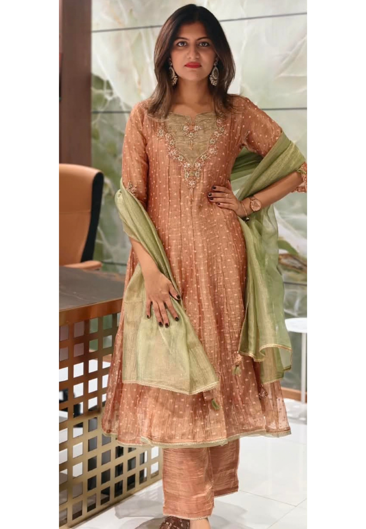 Floral Teardrop Stone Work Yoke Weaving Crush Tissue Anarkali Full Suit Set With Dupatta- 16362