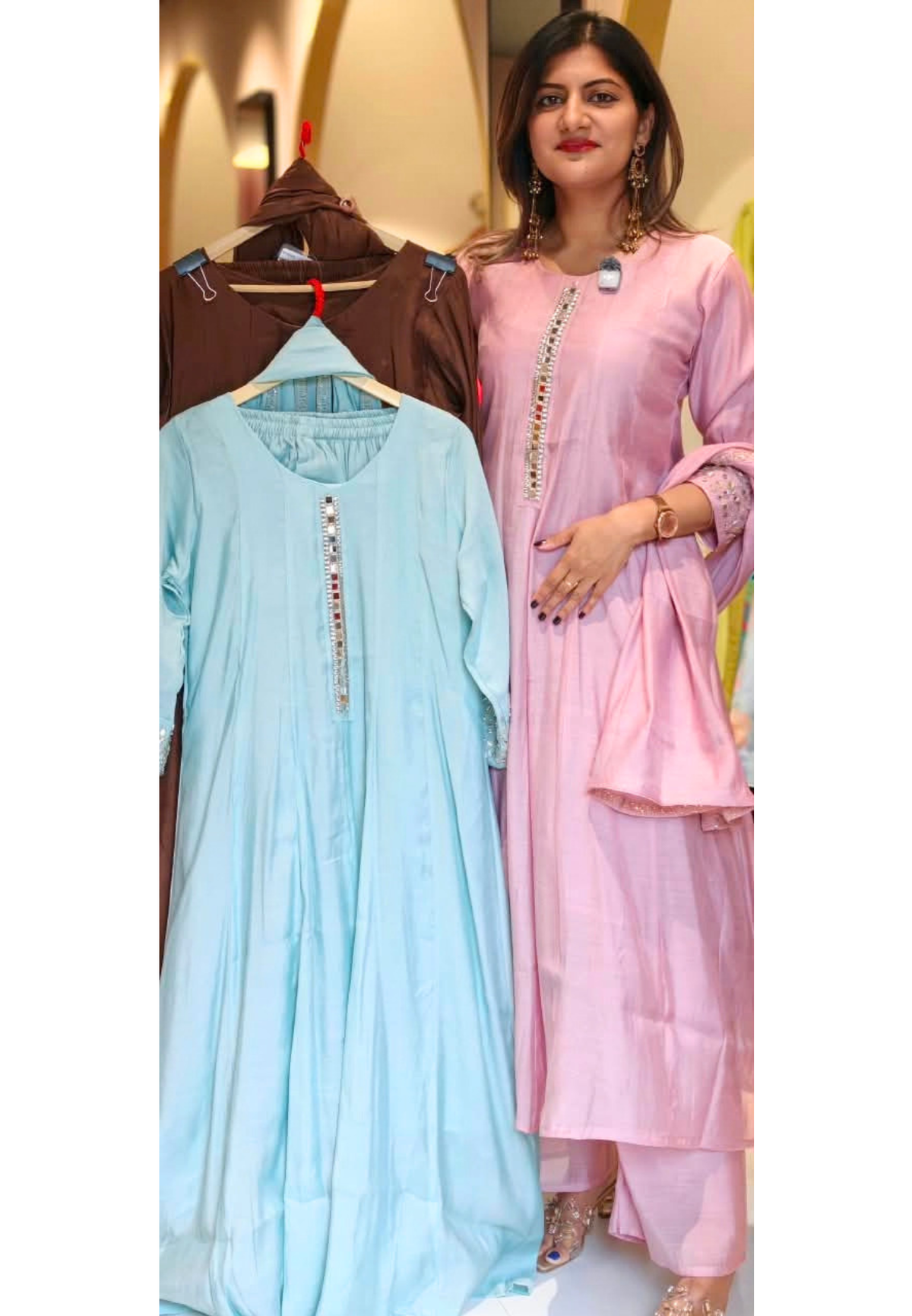 Elegant Seesha Work Over Sleeve & Neckline Surat Mul-Chanderi Panel Anarkali Full Suit Set With Dupatta- 16371