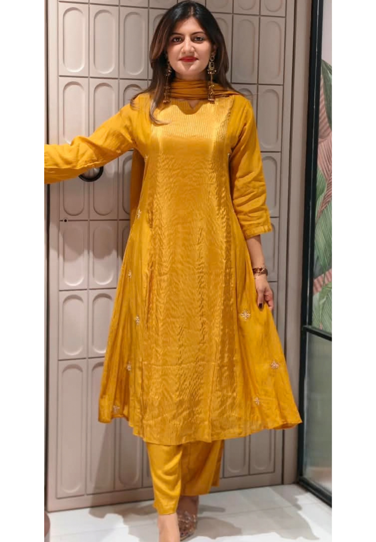 Cheerful Mustard Golden Striped Minimal Embroidery Work A-Line Full Suit Set With Dupatta- 16350