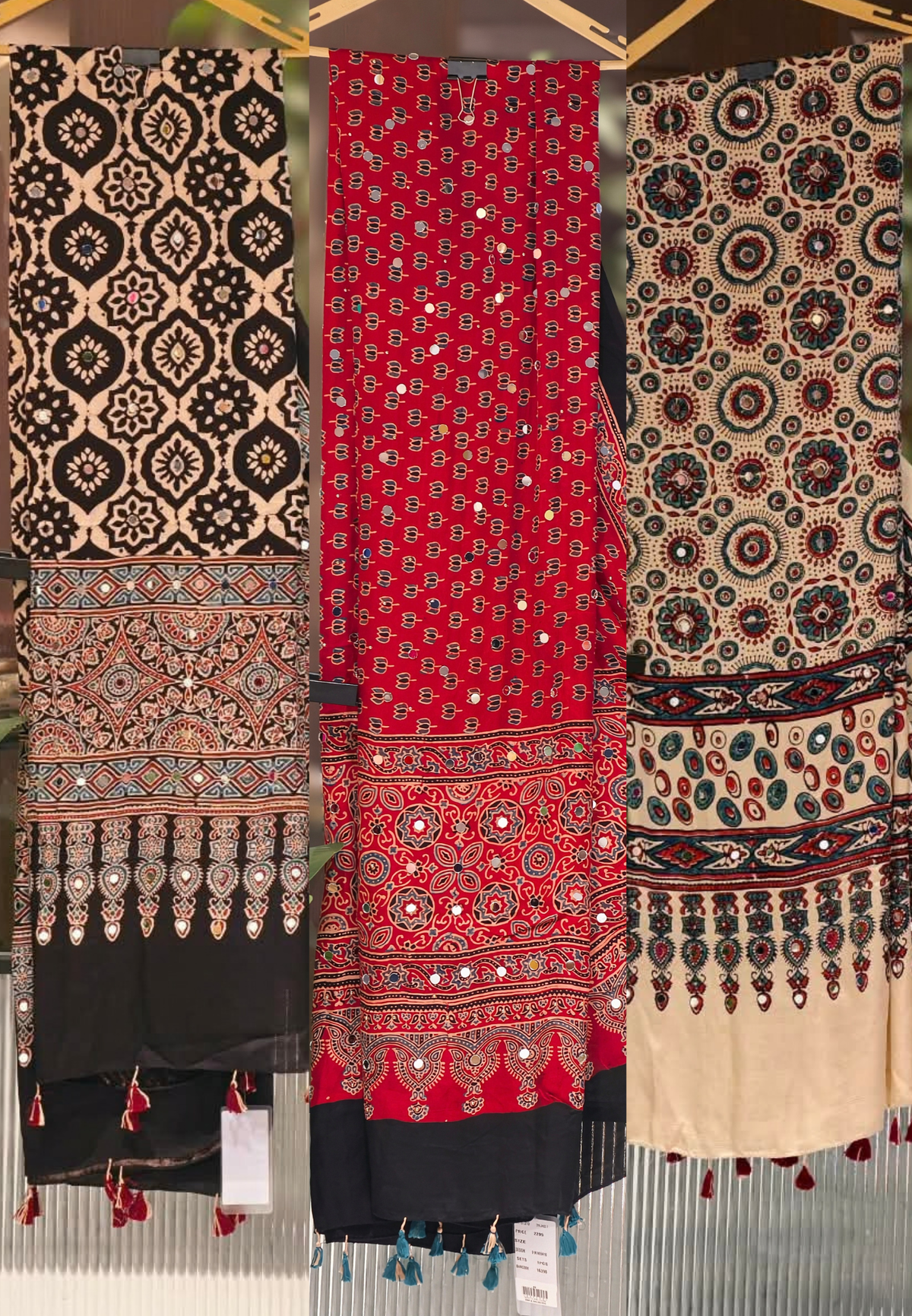 Ajrakh Block Printed Dupatta Only With Mirror Work & Tassels- 16398