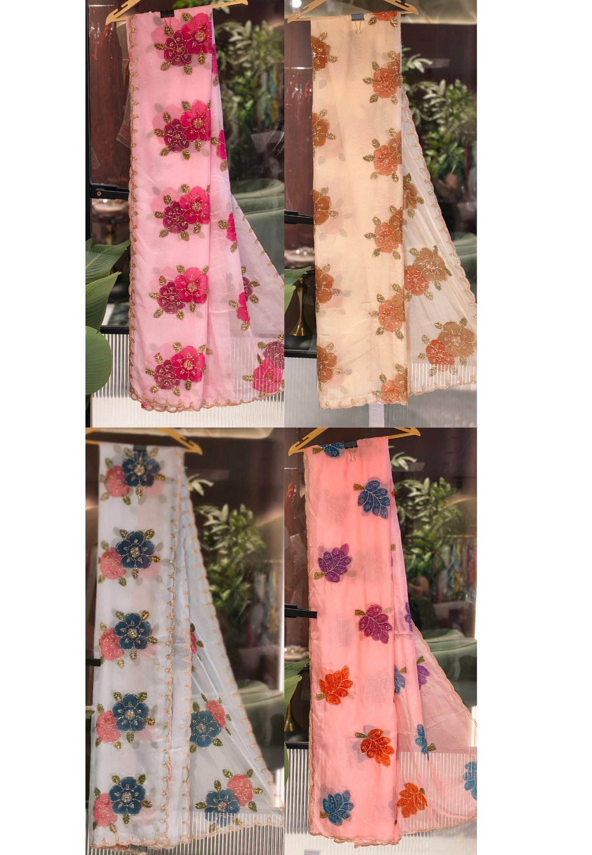 Organza Dupatta with Multicolor Floral Patch Work & Scalloped Border- 16394