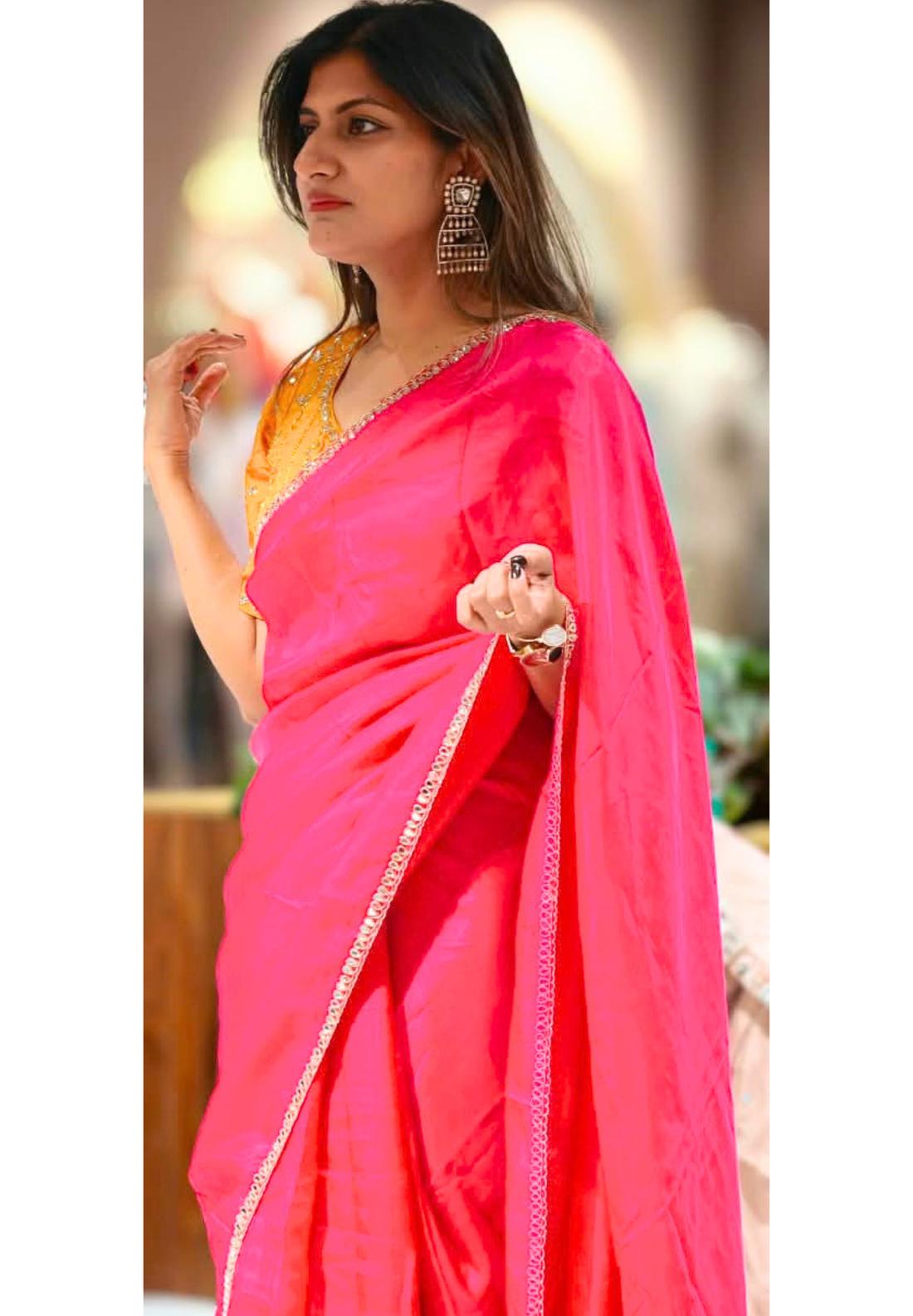 Rich Mirror Work Placement Embroidery Heavy Stitched Blouse With Contrasted Tone Saree- 16051