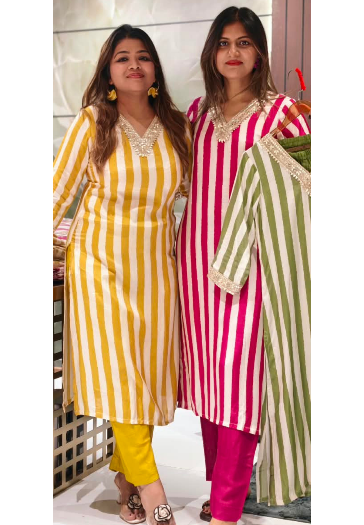Gotta Work Lace V-Neck Linear Striped Chic Kurta Pant Set In Muslin Fabric- 16429