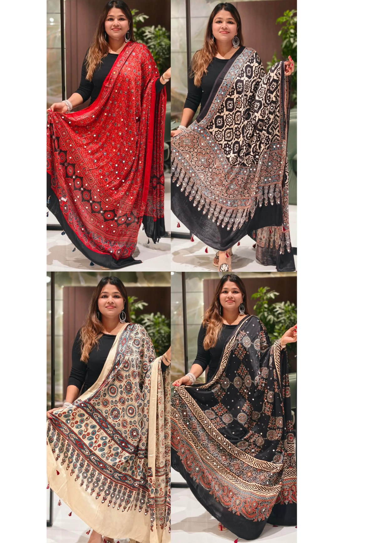 Ajrakh Block Printed Mural Satin Ajrak Print  Silk Dupatta Only With Mirror Work & Tassels- 16398