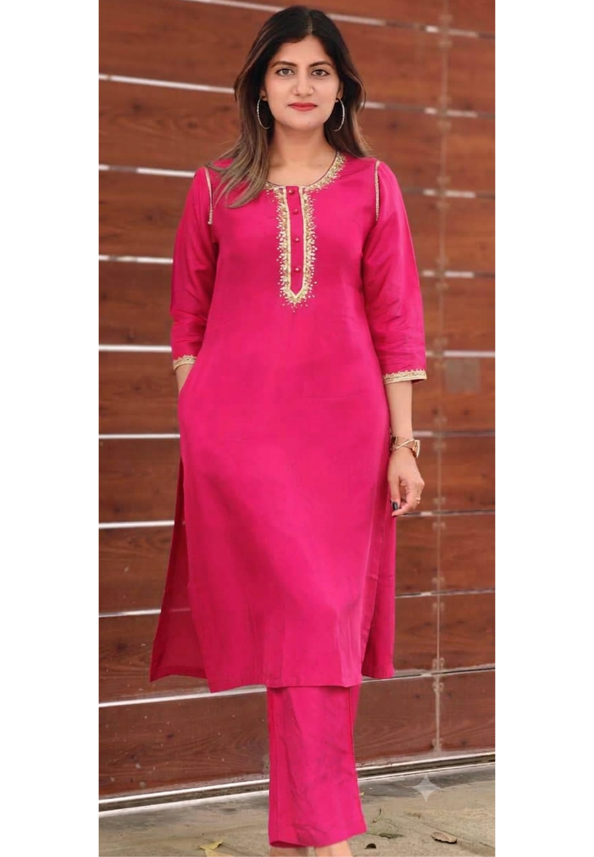 Royal Pink Gotta Patti Golden Sequin Embroidery Outlined Modal Satin Kurta Pant Set- 15987