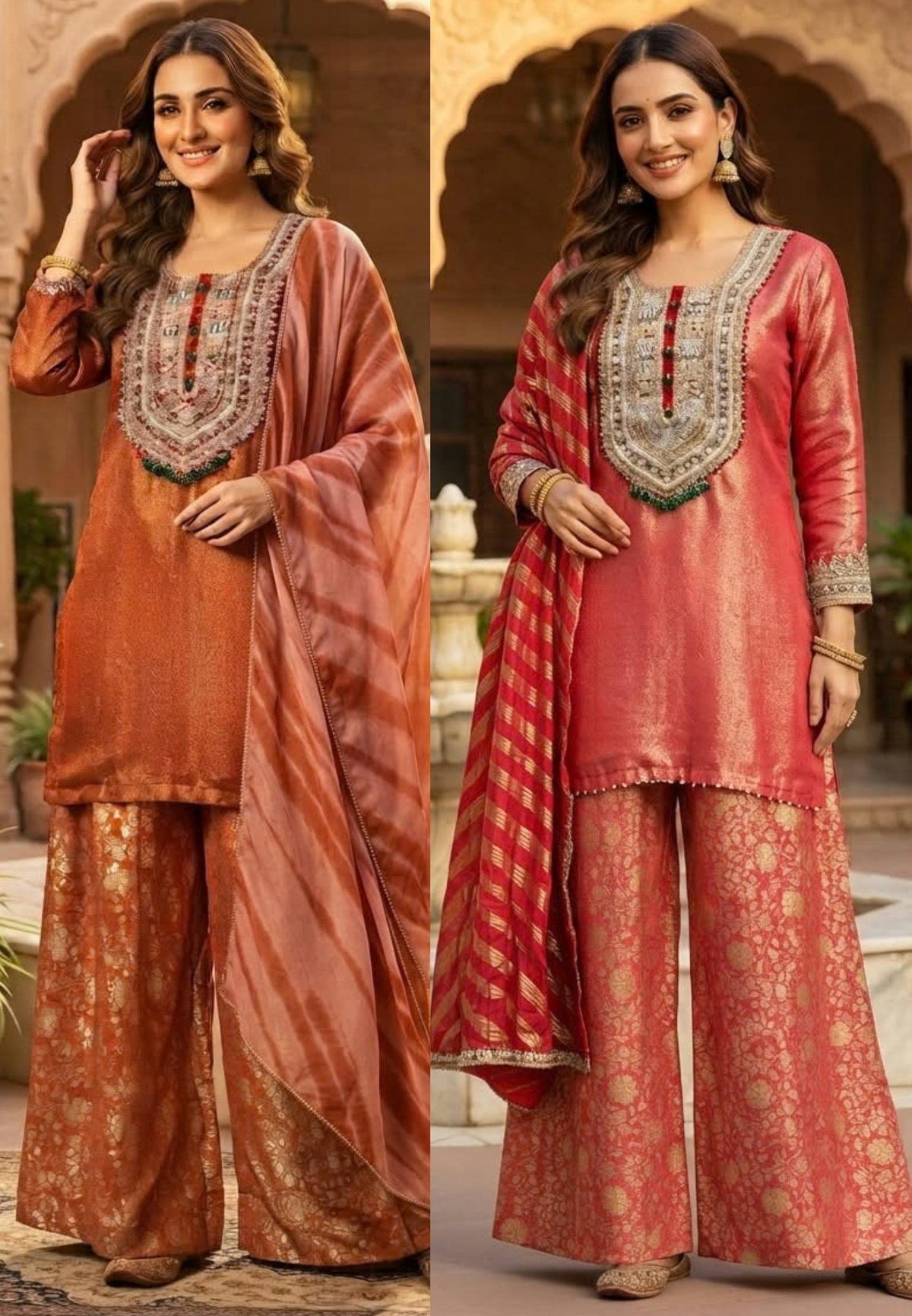Designer Bold Embroidery Beaded Yoke Tissue Full Suit Set With Striped Dupatta & Brocade Panel Loose Bottom- 16400