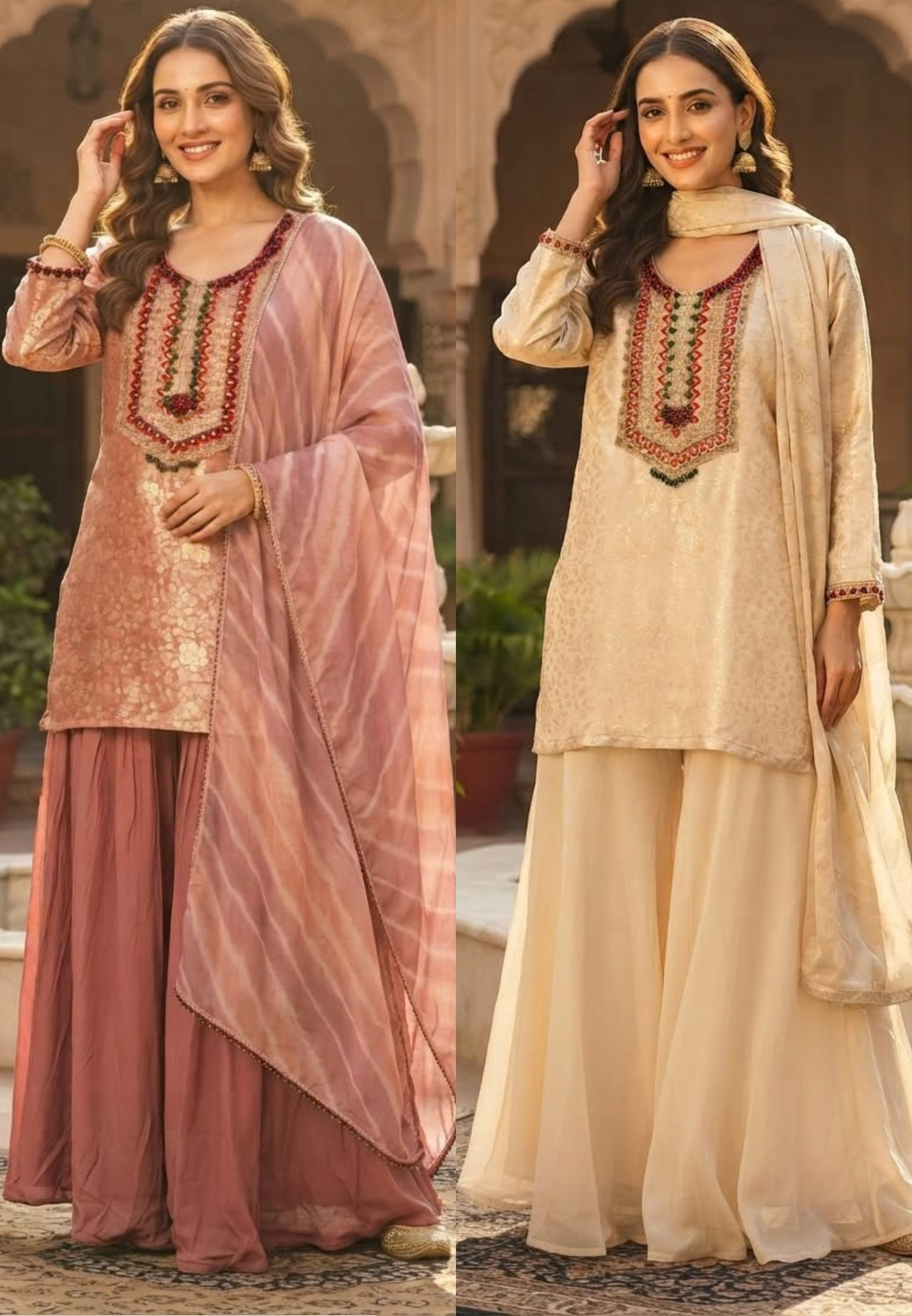 Sheer Brocade Vibrant Beaded Highlights Front Design Full Suit Set With Striped Dupatta & Chinon Palazzo Bottom- 16399