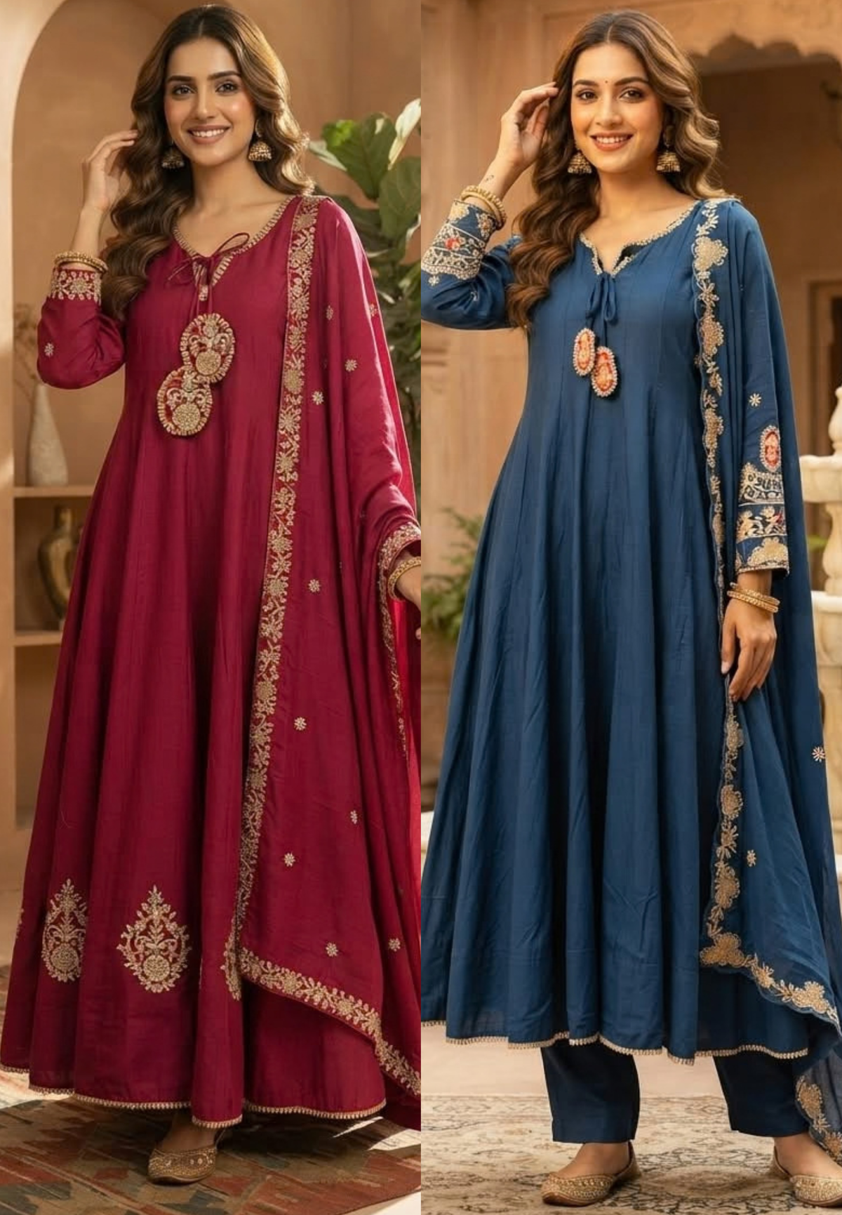 Golden Gotta Ribbon Moti & Sitara Detailing Panel Anarkali Full Suit Set With Dupatta- 16426