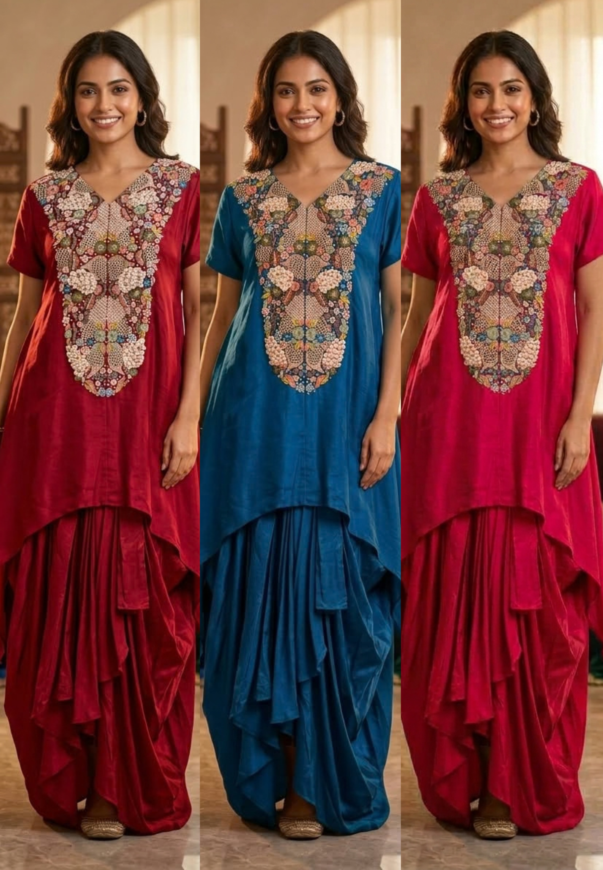 Popped 3D Multicolor Floral Embroidery Designer Look Indo-Wear High-Low Kurta With Dhoti Botttom- 16417