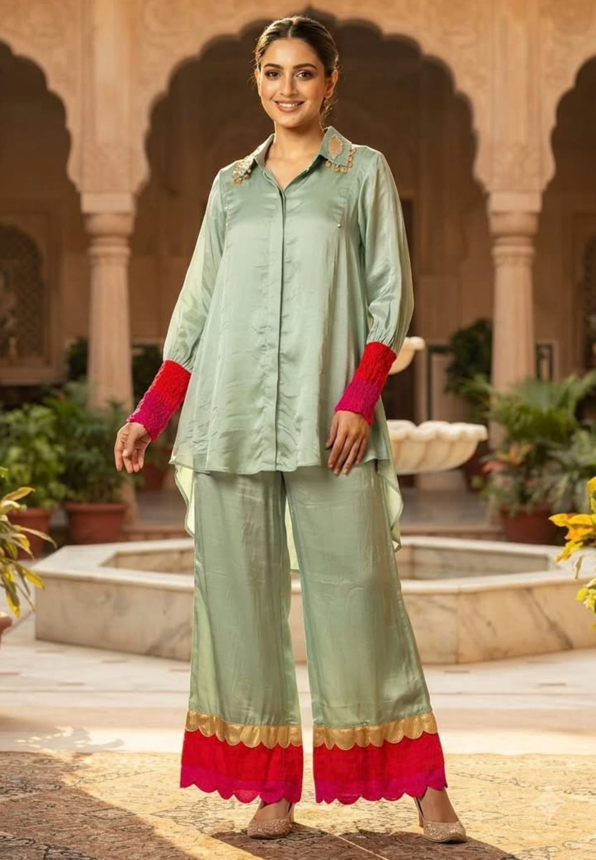 Carnival Inspired Look Designer Crepe Co-Ord Set With Vibrant & Golden Embossed Work With Coin Tassles Over Collar- 16295