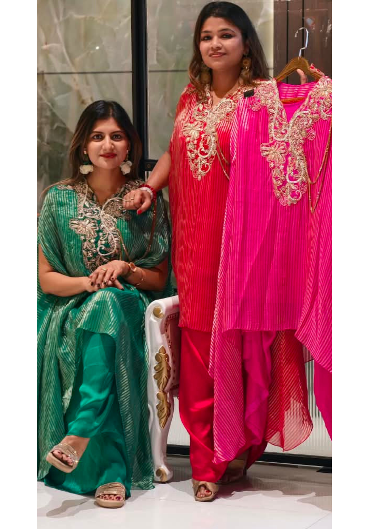 Elegant Dabka Embroidered Yoke With Stylish Chain Accent Striped Kaftan With Harem Bottom Indo-Wear- 16414