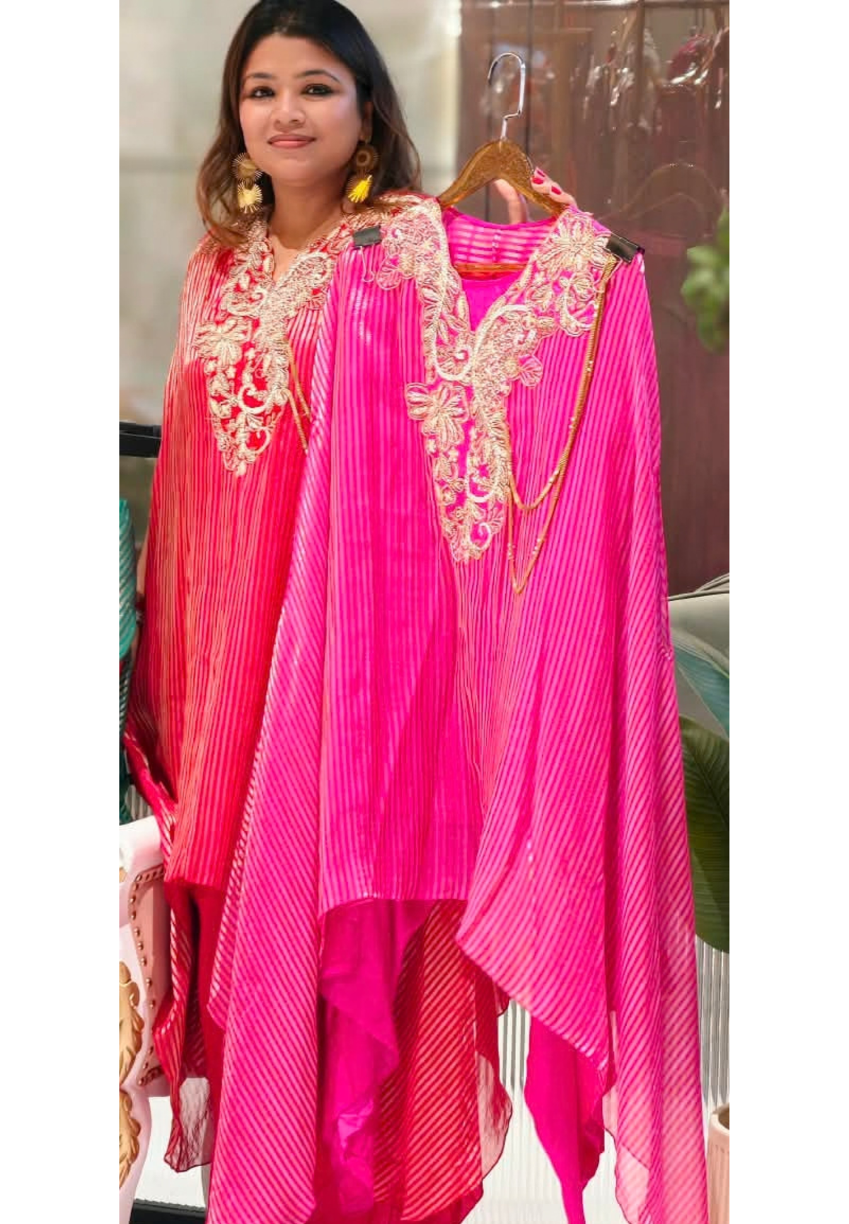 Elegant Dabka Embroidered Yoke With Stylish Chain Accent Striped Kaftan With Harem Bottom Indo-Wear- 16414