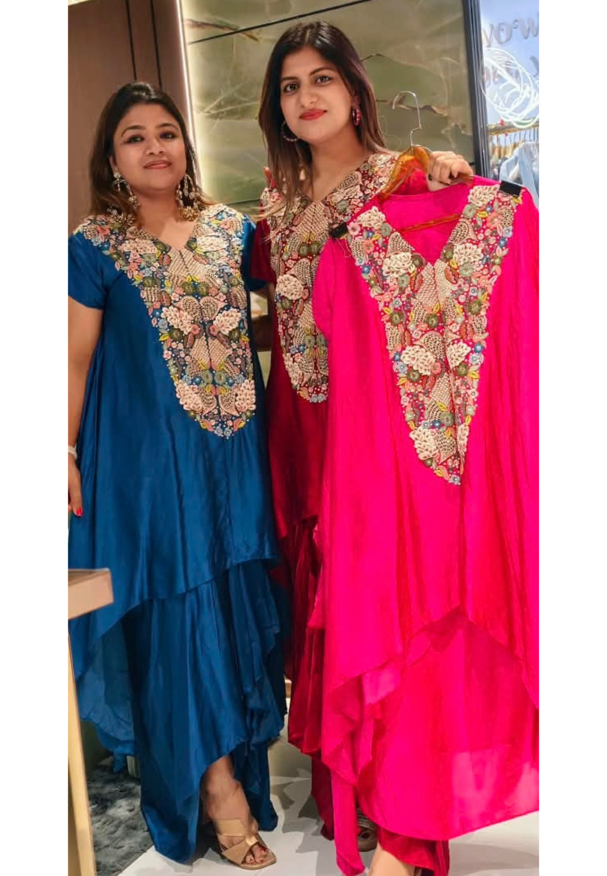 Popped 3D Multicolor Floral Embroidery Designer Look Indo-Wear High-Low Kurta With Drape Skirt- 16417