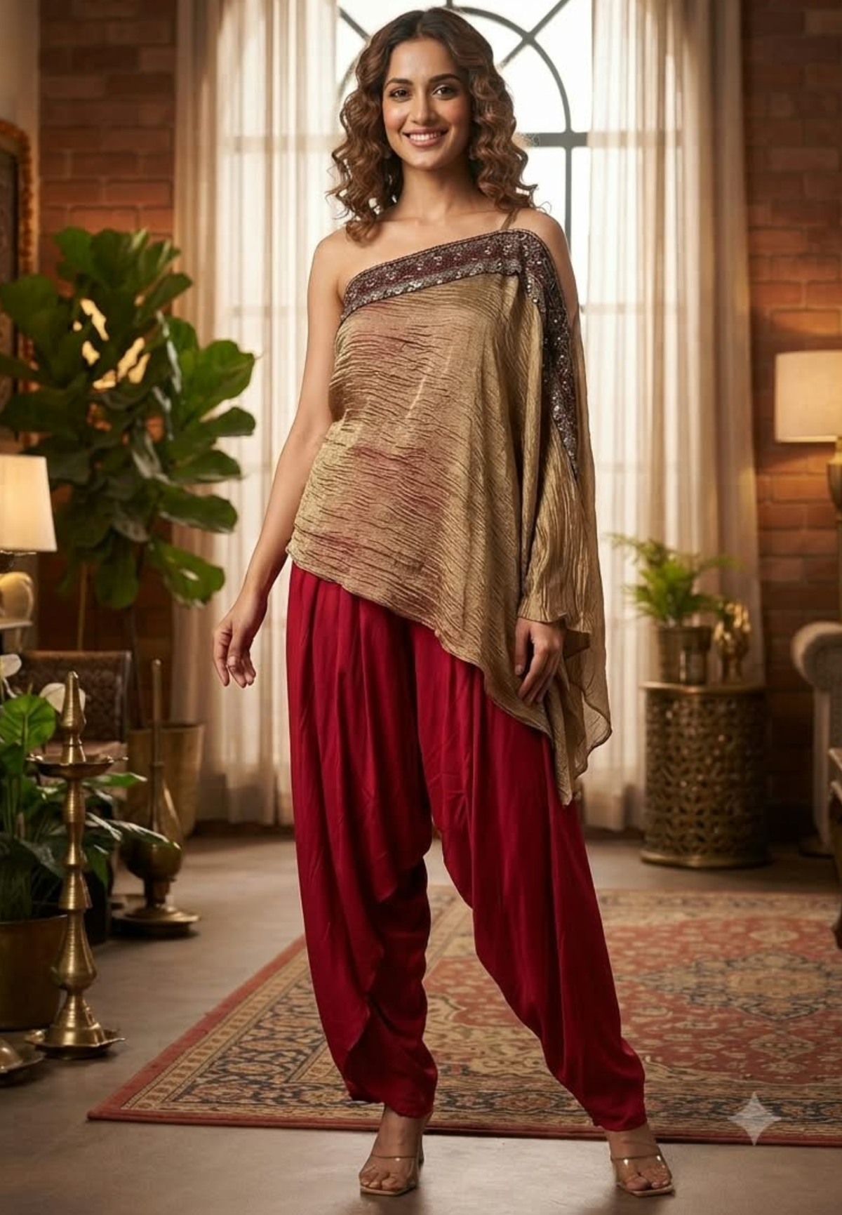 Ruby Blossom Stylish One Sided Off Shoulder Pure Tissue Crush Look Flared Kurta With Loose Vibrant Bottom  Indo-Wear- 16421