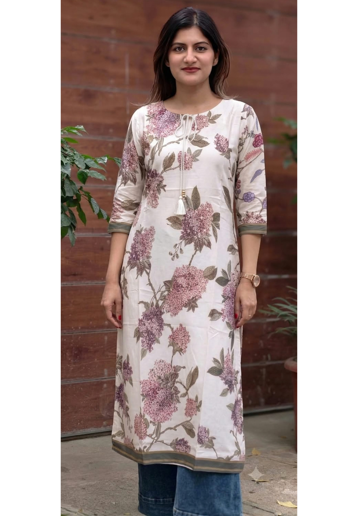 White Hydrangea Floral Print Round Neck Kurti with Tassels- 16470
