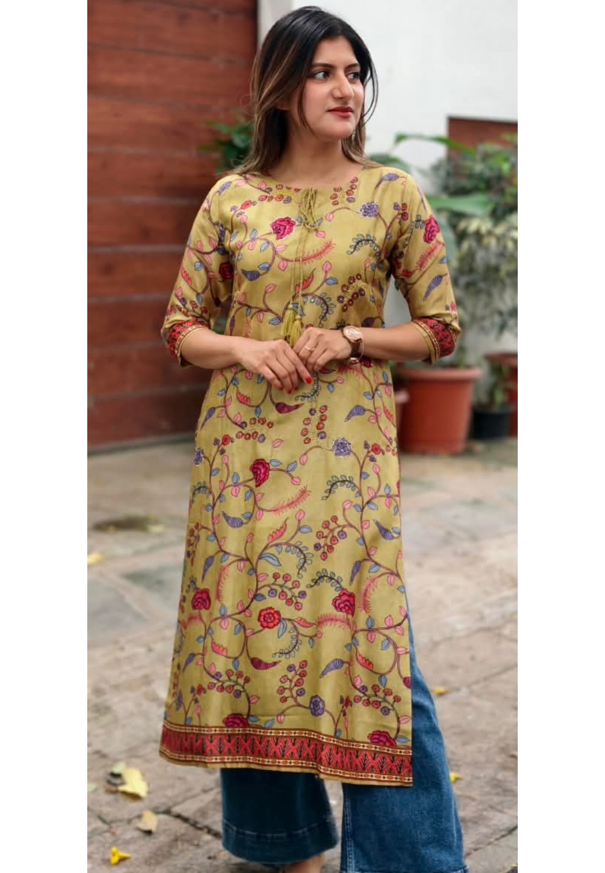 Muted Yellow Vine & Floral Jaal Print Round Neck Kurti- 16259