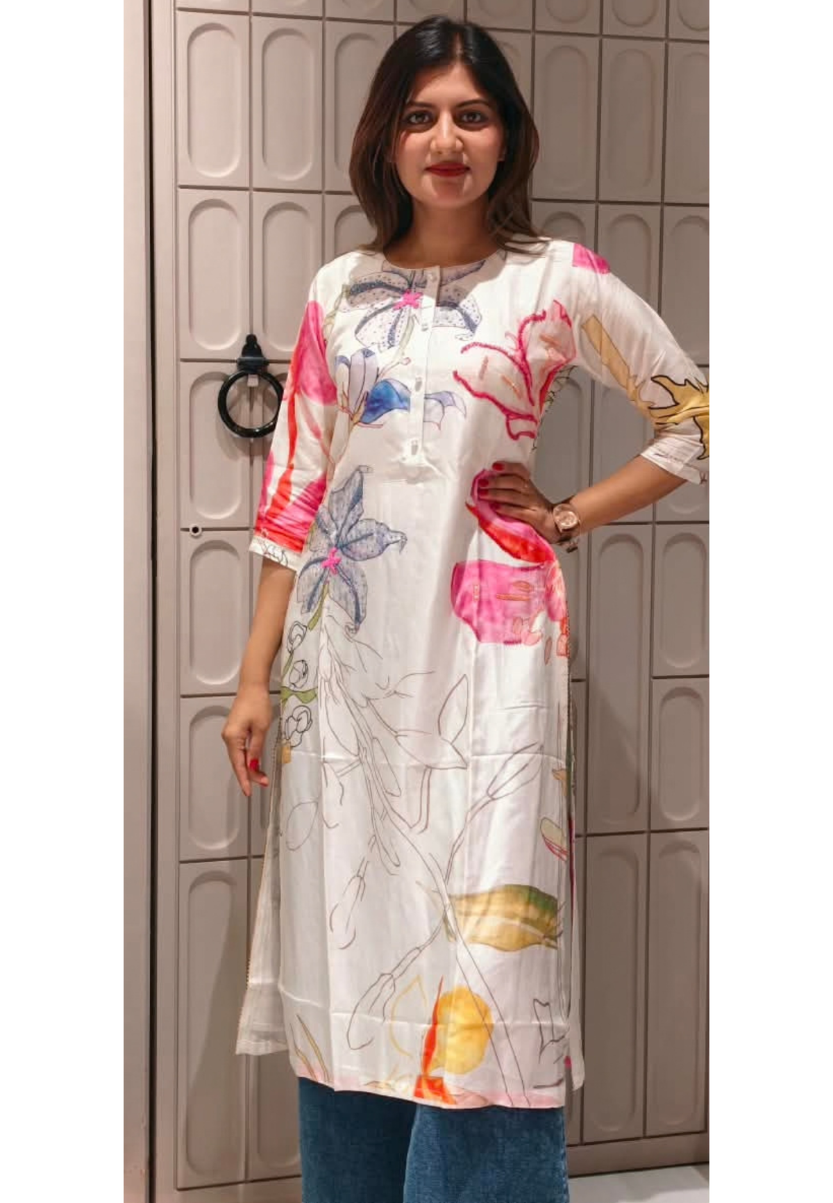 Off-White Watercolor Floral Print V-Placket Kurti- 16475