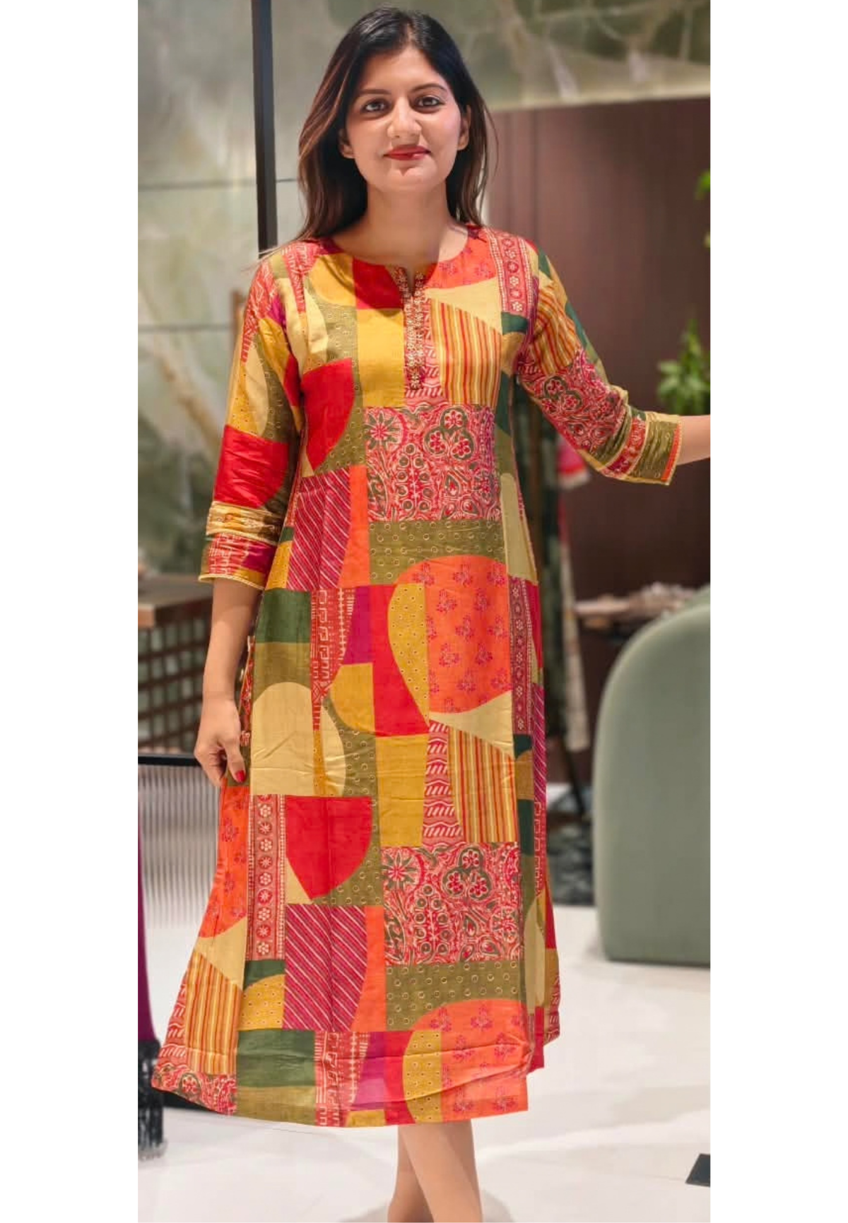 Multicolor Geometric Patchwork & Kalamkari Print A-Line Kurti- 16469