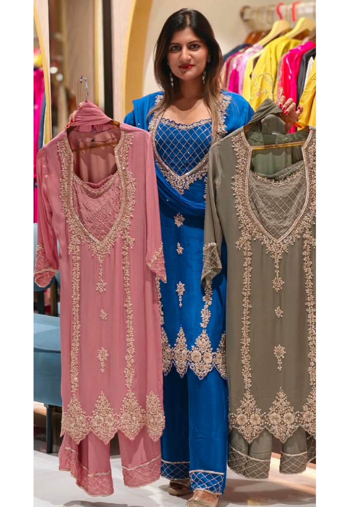 Buster Look Elegant Beaded Embroidery Buster Look Heavy Chinon Full Suit Set With Dupatta- 16431