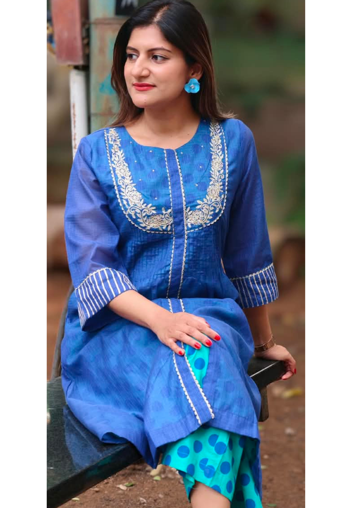 Kota Doria Blue Elegance Golden Embroidery U-Yoke A-Line Kurta Pant Set- 16439