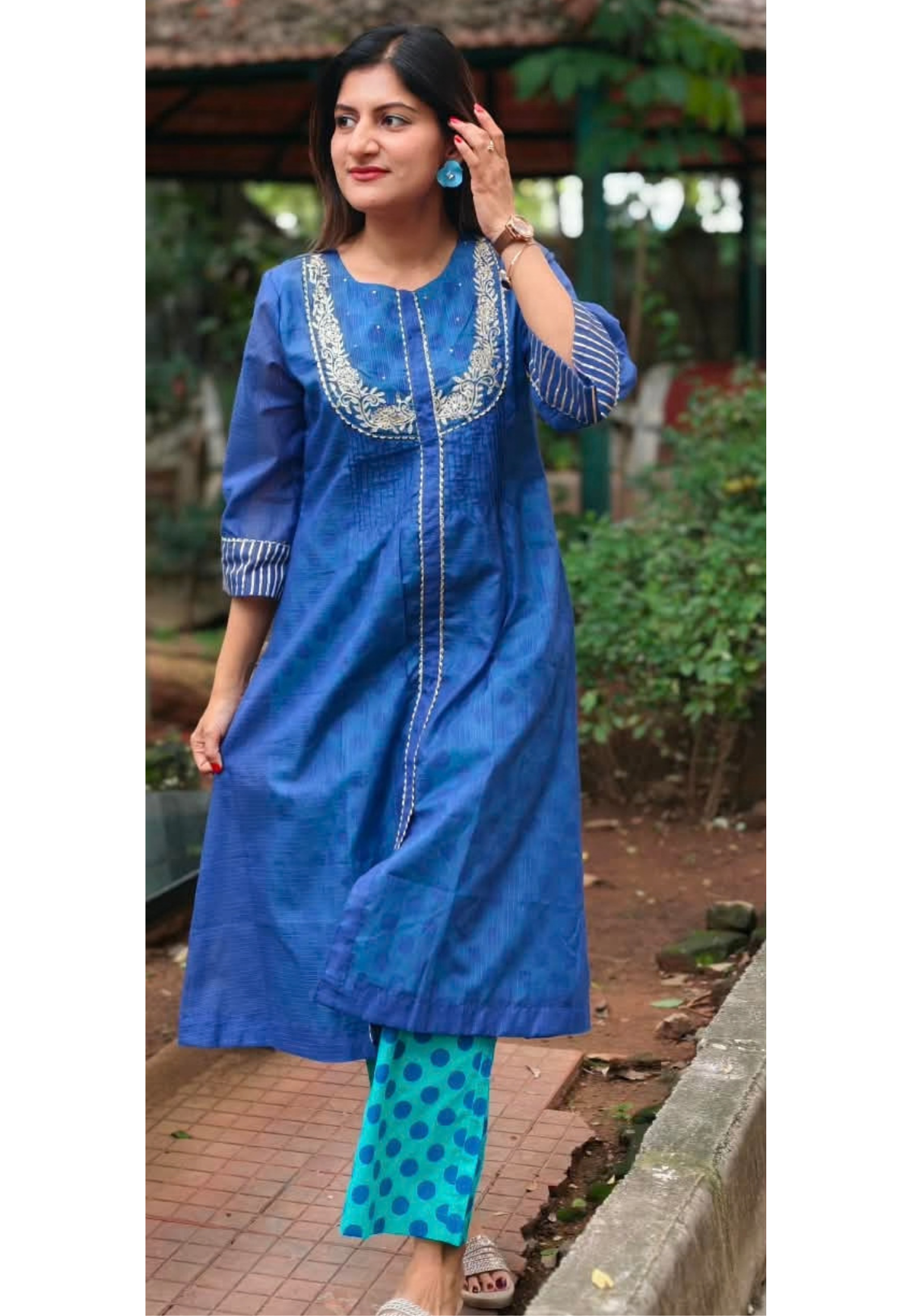 Kota Doria Blue Elegance Golden Embroidery U-Yoke A-Line Kurta Pant Set- 16439