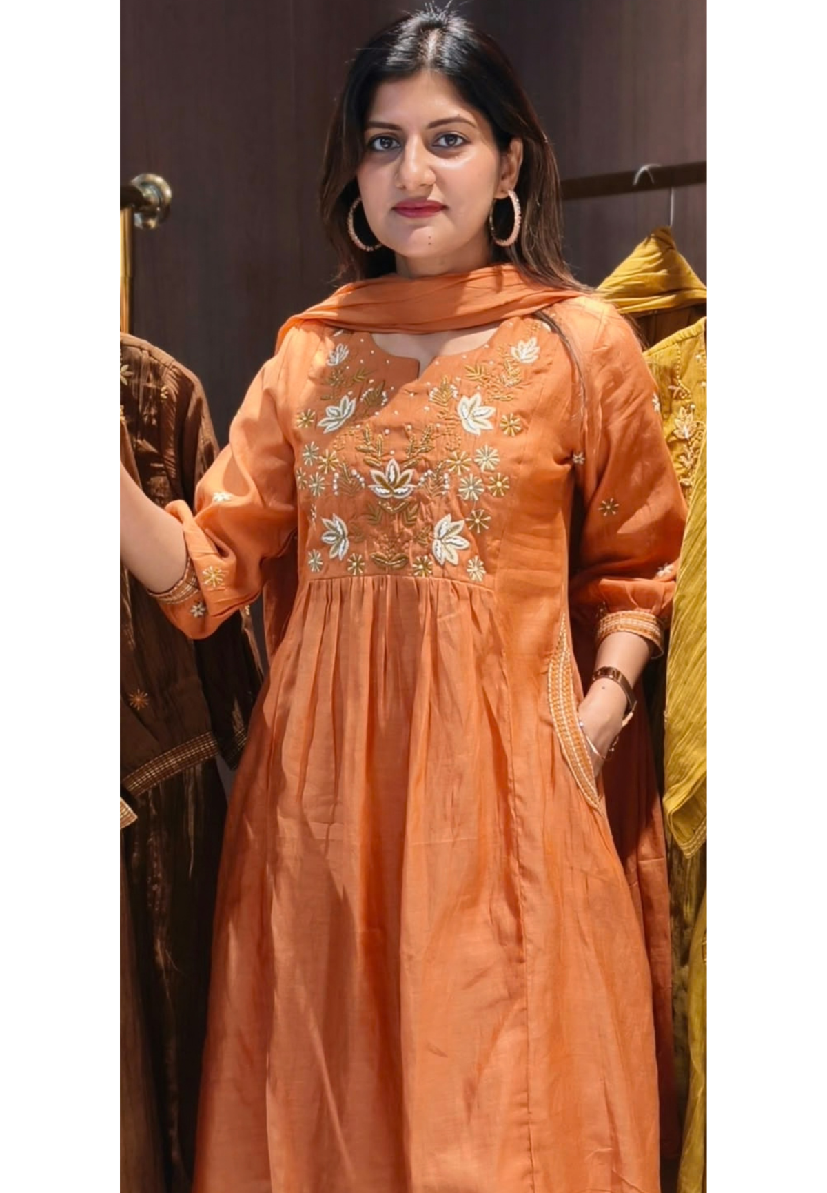 Delicate Leaf Vine Thread Embroidery Yoke Surat Mul-Chanderi A-Line Side Pockets Full Suit Set With Dupatta- 16494