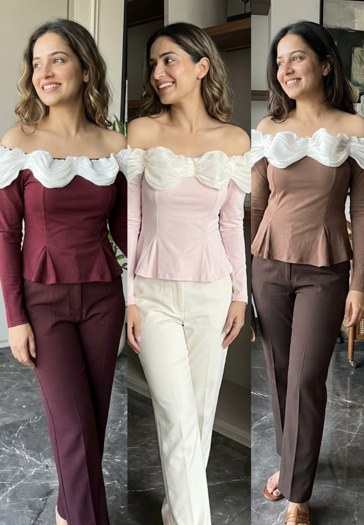 Off-The-Shoulder Ruched White Overlay Fitted Long Sleeve Top- 16146