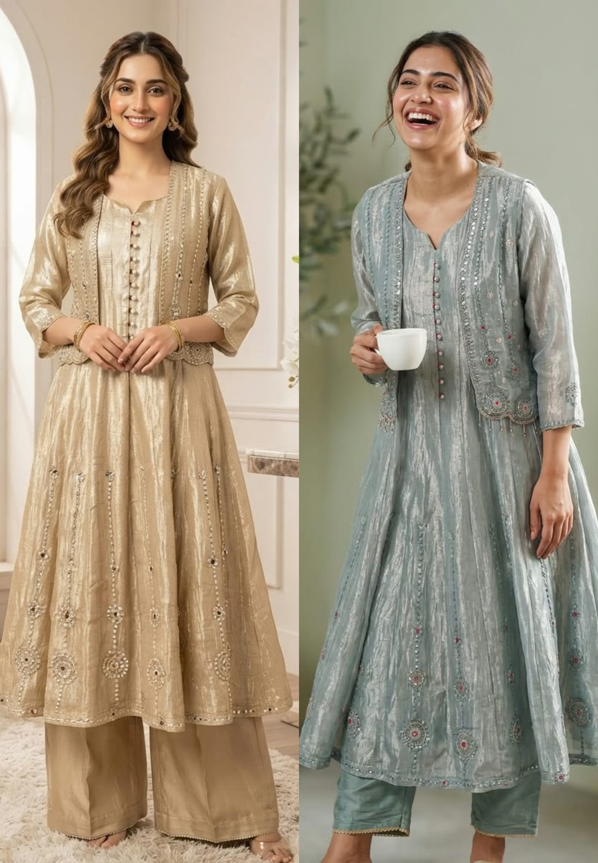 Butter Shine Elegant Shimmer Tissue Outer Style A-Line Kurta Pant Set With Delicate Crystal Embroidery Work- 16423