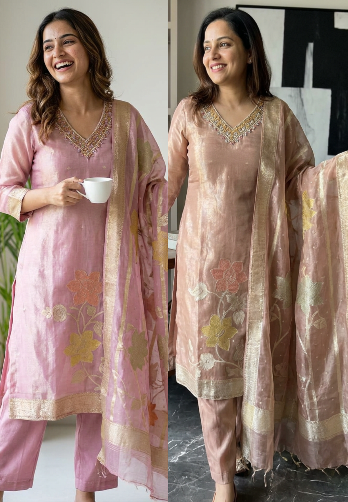 Floral Patch Embroidery Minimal Neckline Tissue A-Line Full Suit Set With Dupatta- 14000