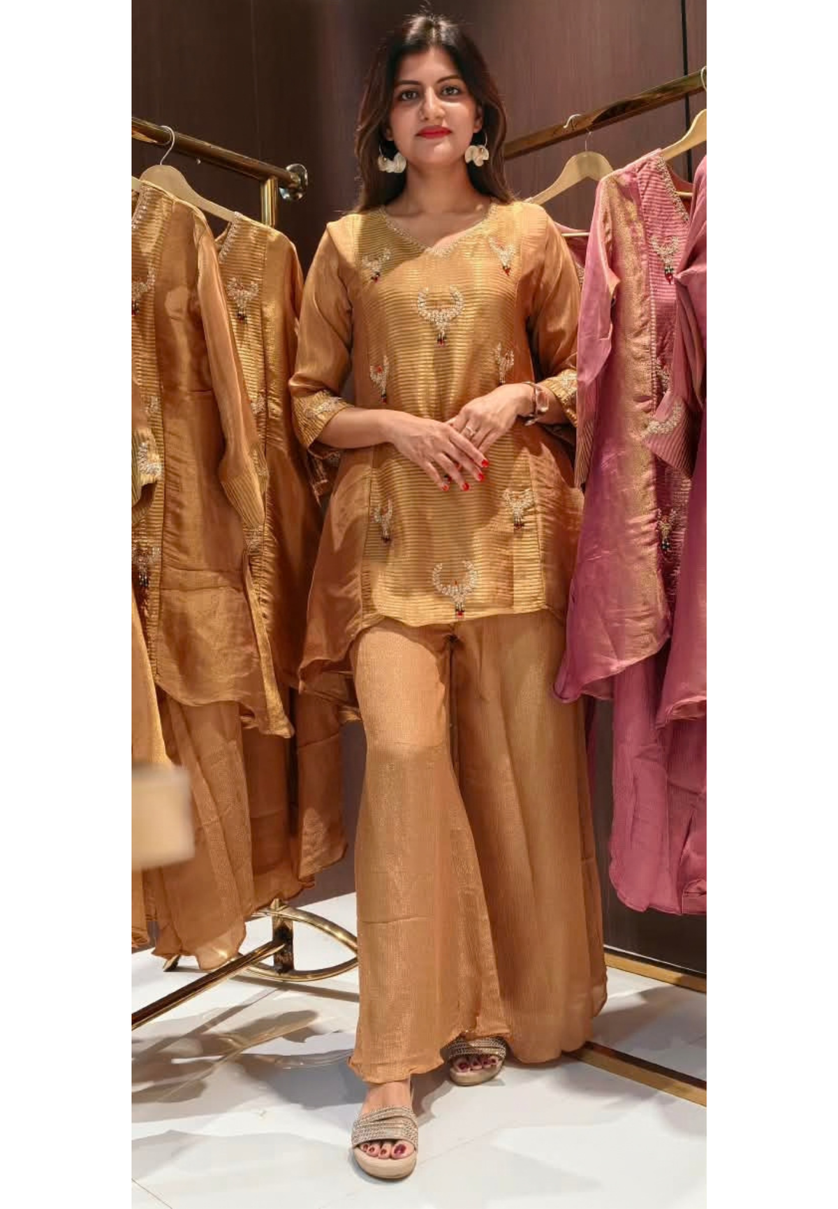 Butter Shine Tissue Elegance Kundan Look Embroidered Side Panels Kurta With Loose Palazzo Bottom Set- 16459
