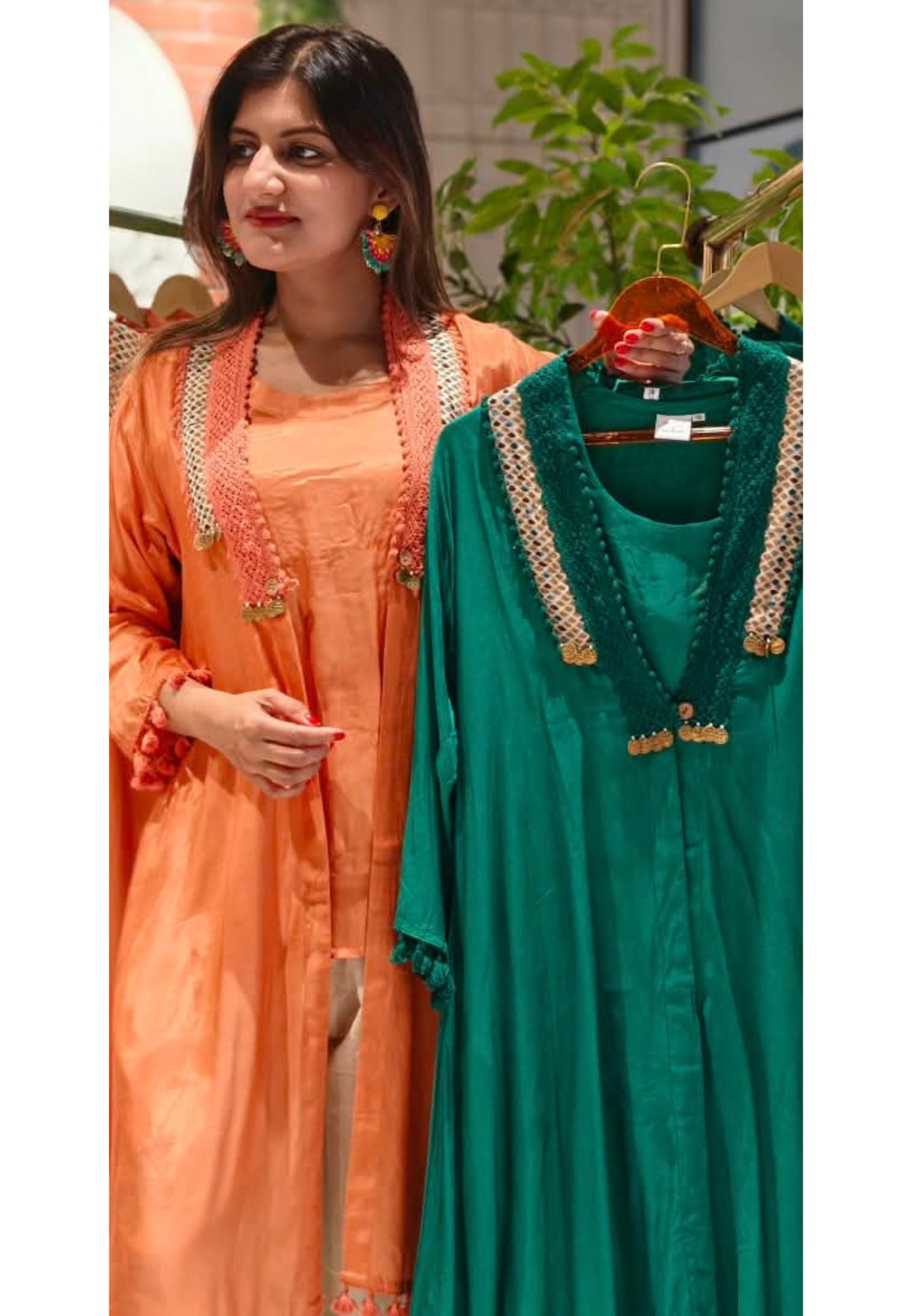 Boho Crosia Coin Dangle Accented Kurta With Printed Bottom & Matching Outer Jacket- 16438