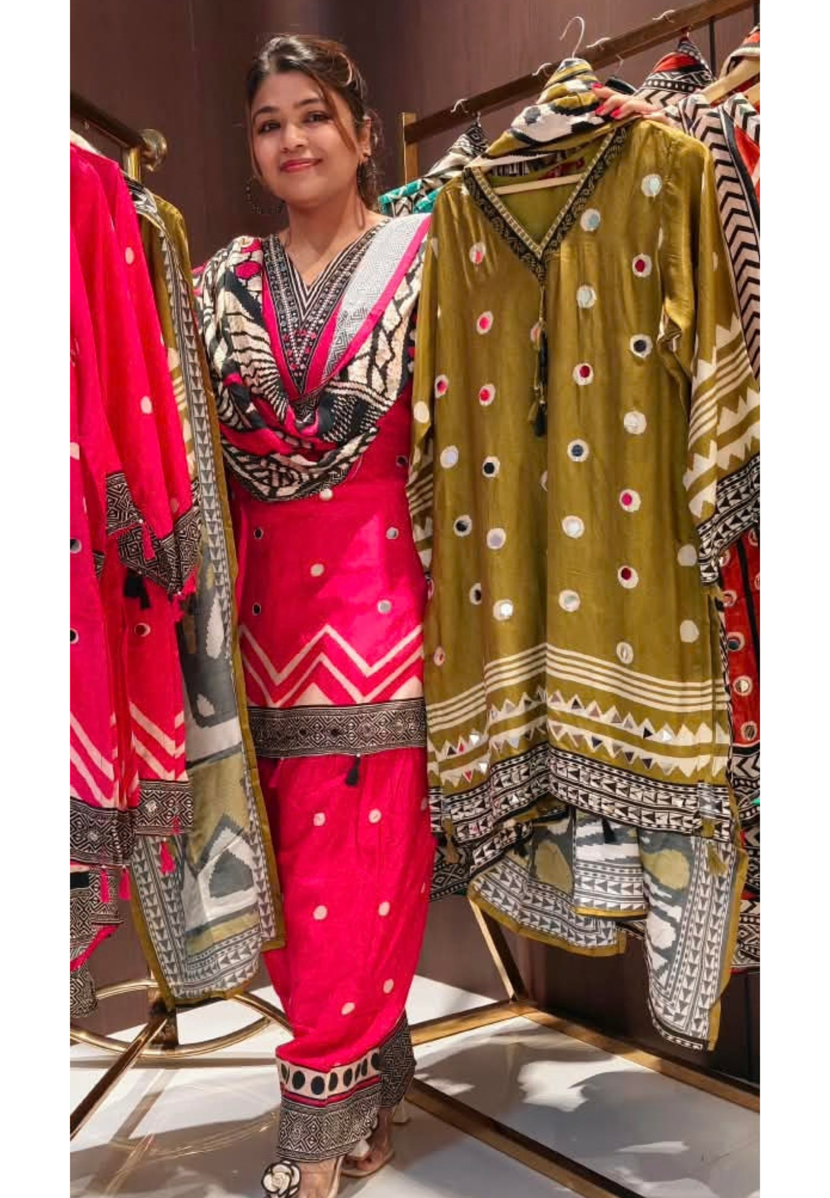 Geometric Real Mirror Touch Abstract Print Muslin Full Suit Set With Dupatta & Farshi Salwar- 16456 Lean Fit