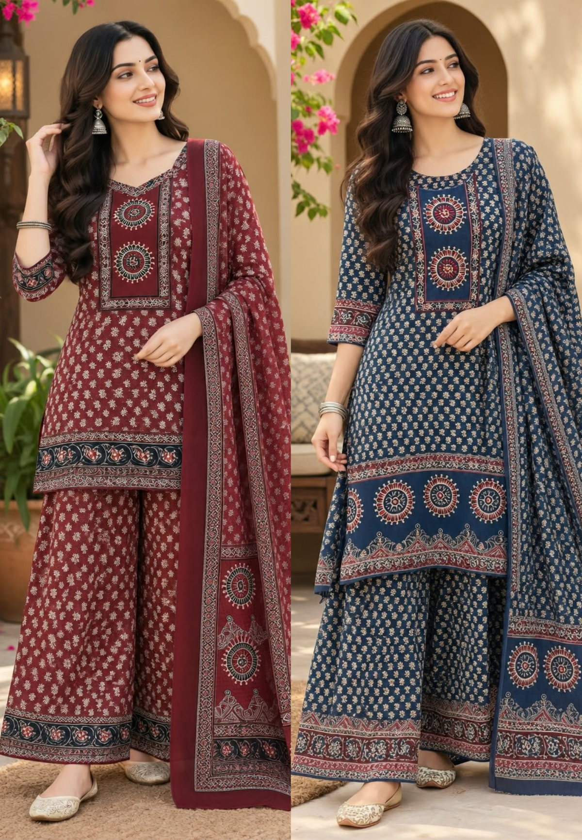 Tiny Floral Blocks Print Pure Cotton Full Suit Set With Panel Flared Palazzo Bottom & Matching Dupatta- 15931